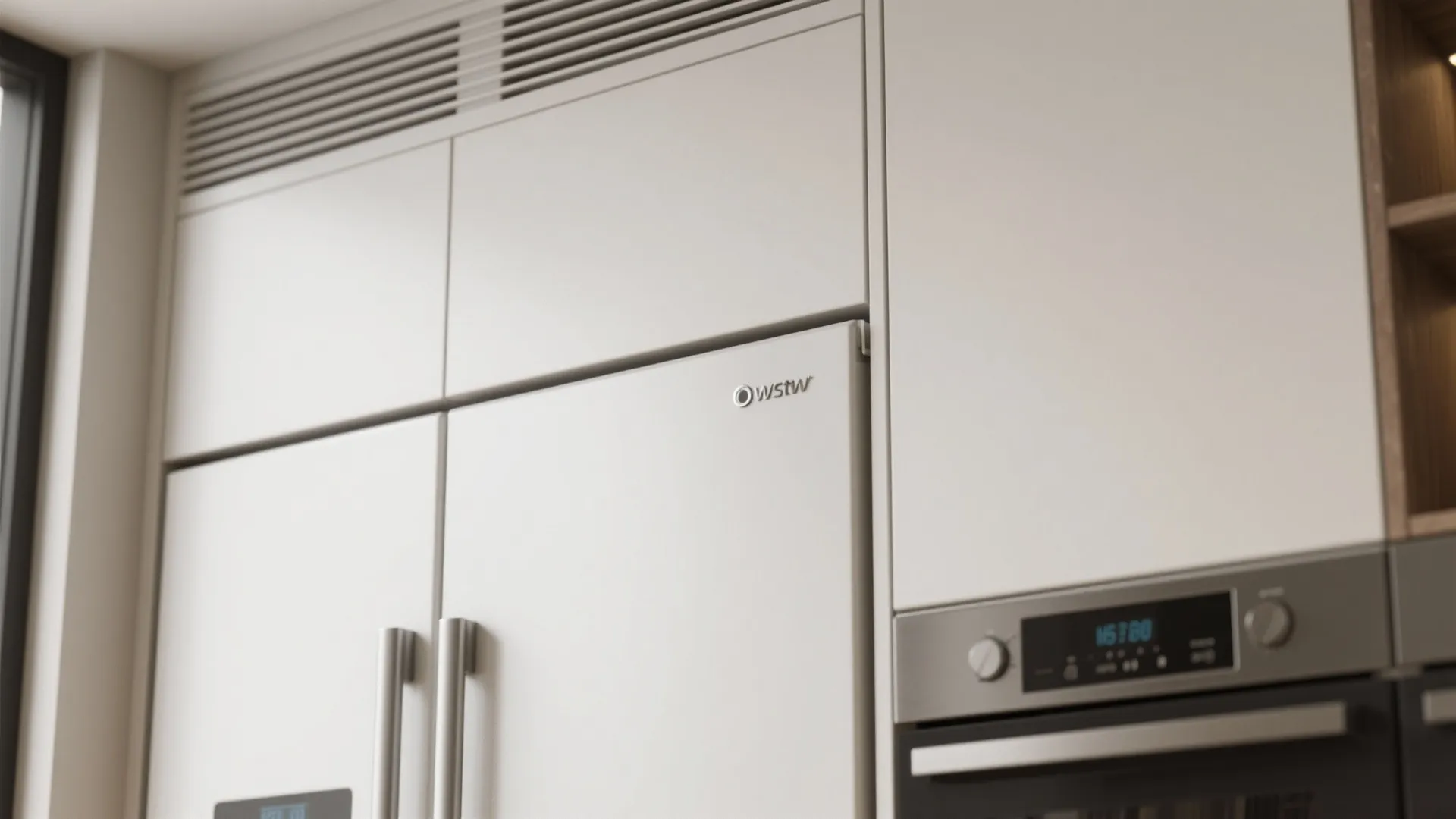 Close up of white kitchen cabinet doors above a built in silver oven in modern home