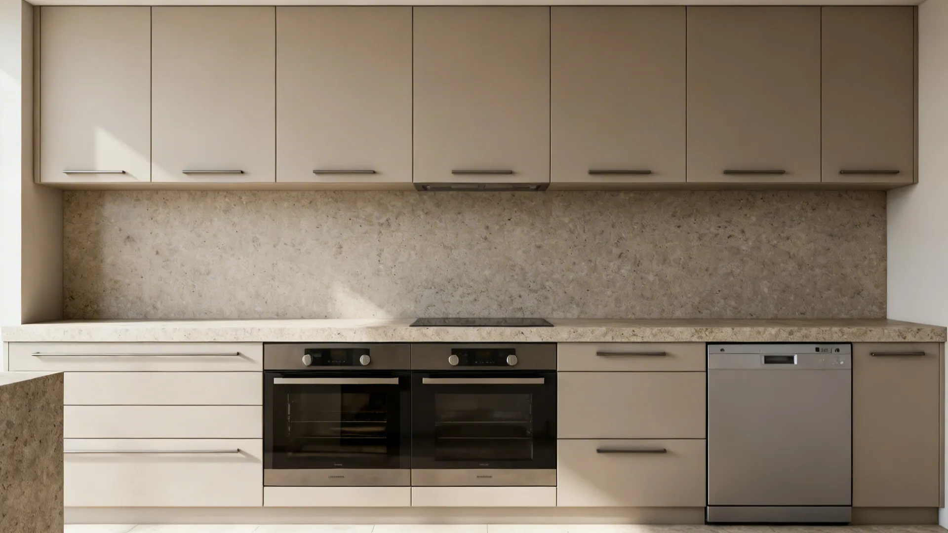 Kitchen elevation with aligned oven centerlines, panel-ready dishwasher, and consistent horizontal datum lines.