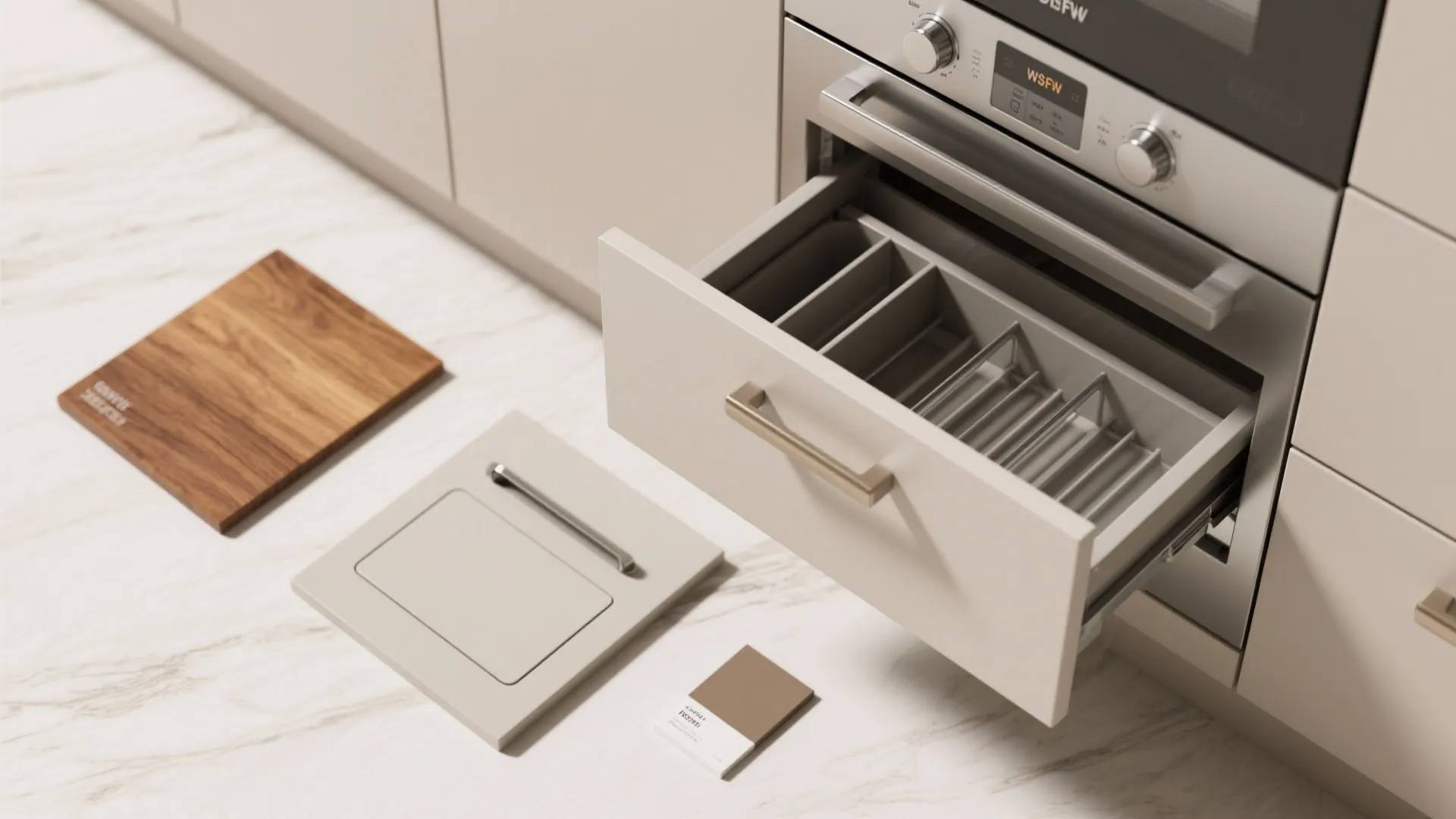 Wood board cabinet panel and open drawer with dividers on floor next to kitchen oven