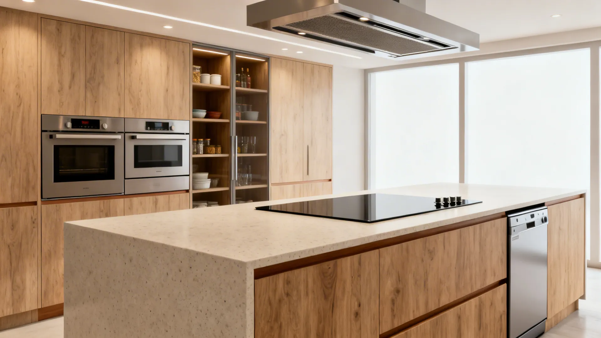 Modern kitchen featuring wooden cabinets with double ovens and white island with built in dishwasher