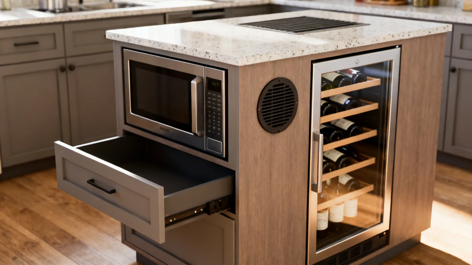 Close-up of a small kitchen island with a drawer microwave and compact wine fridge integrated into the cabinetry.