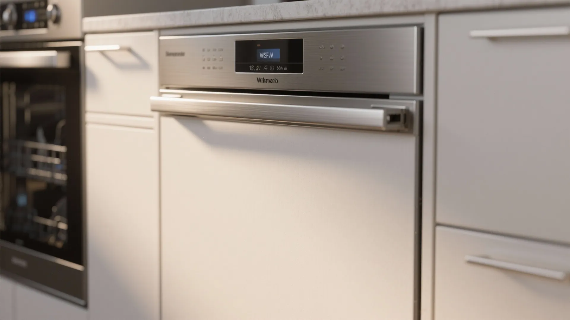 Close up of dishwasher integrated into white kitchen cabinet with silver handle and digital screen