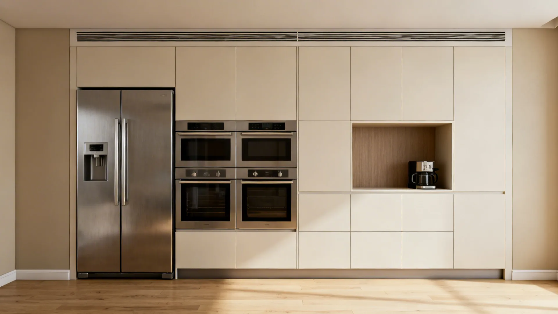 Full-height appliance bank with flush panels, subtle vent gap, and a concealed coffee niche.