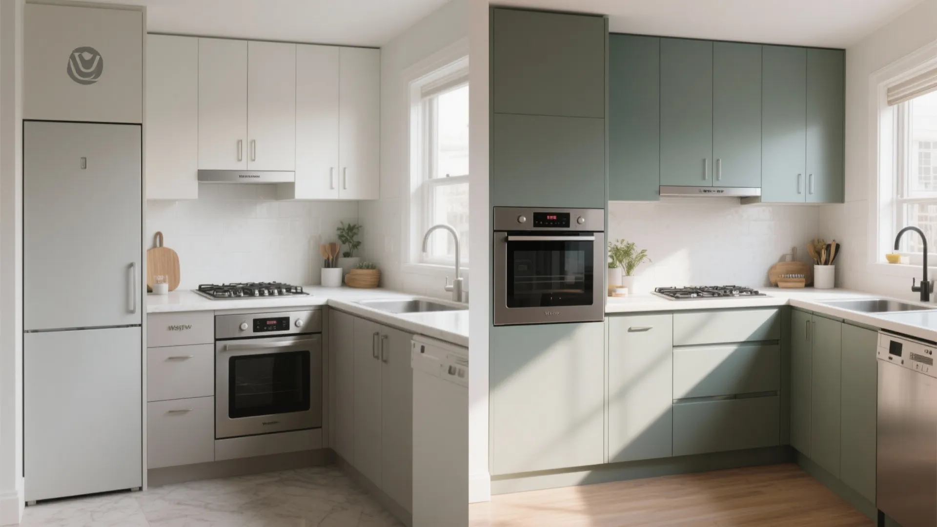 Kitchen design comparison showing white cabinets on left and green cabinets on the right side