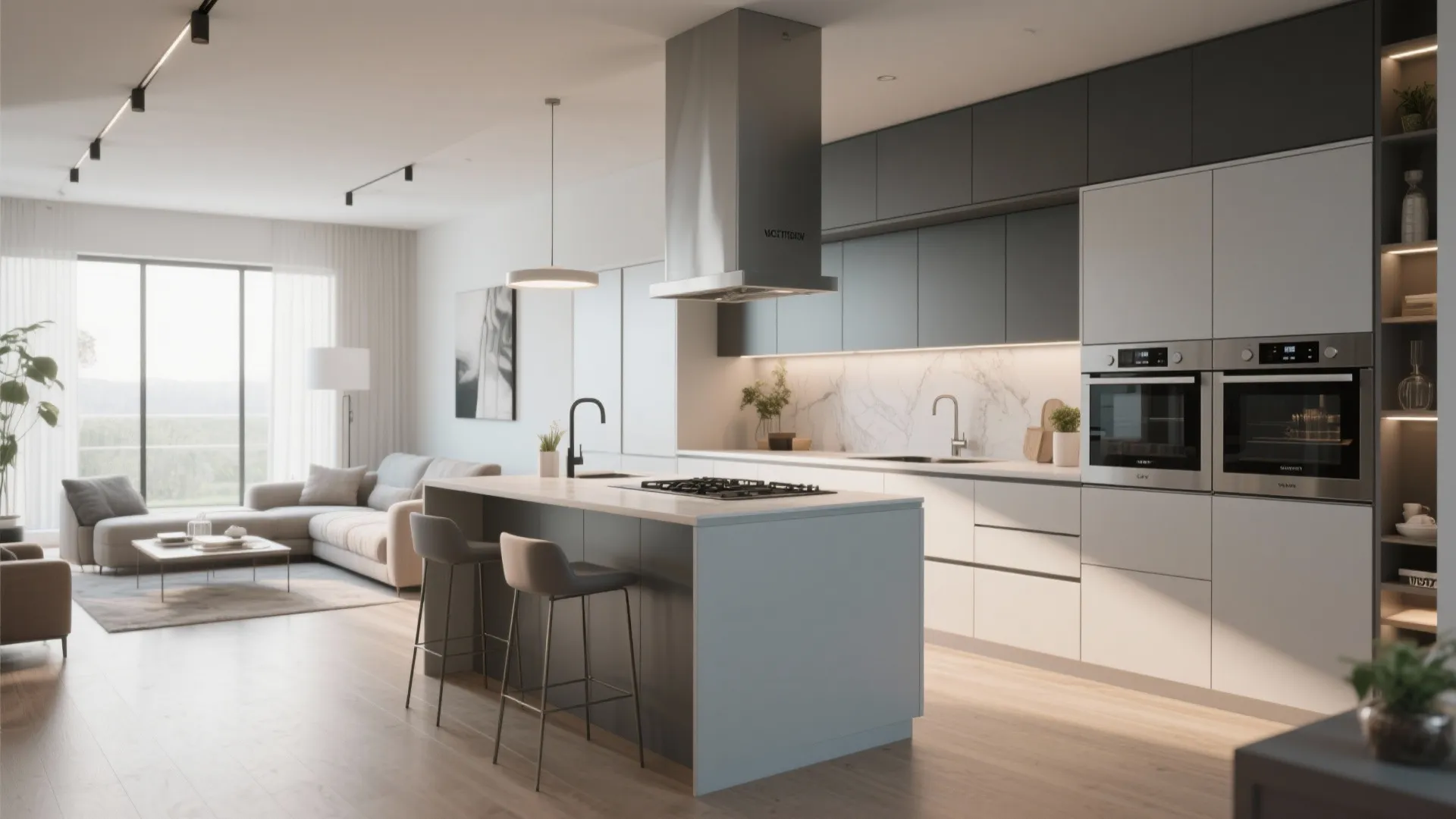 Integrated kitchen appliances blending with cabinetry