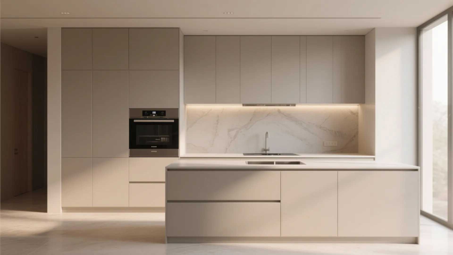 Minimalist kitchen with hidden appliances behind cabinetry
