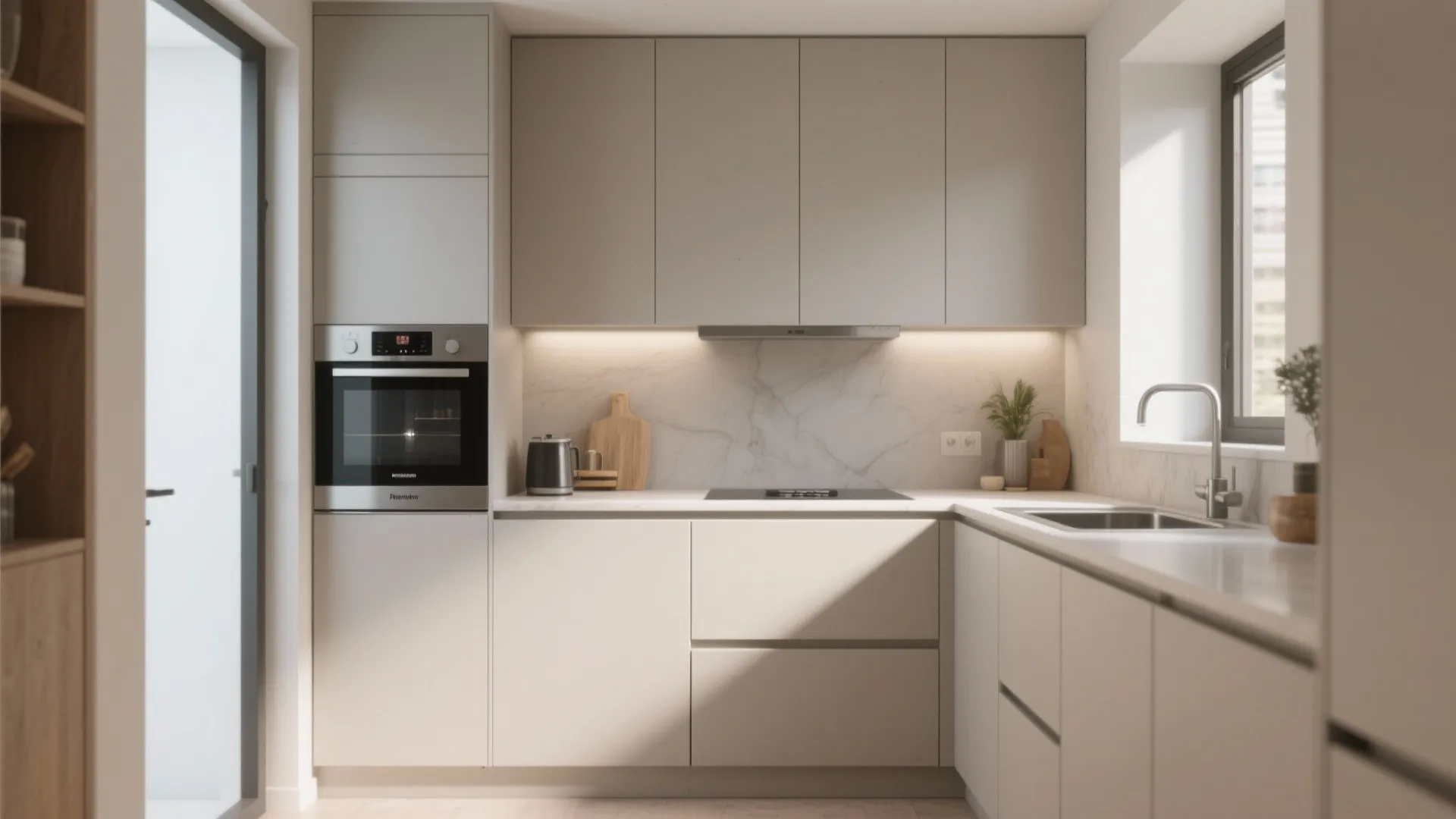 Modern minimalist kitchen with beige cabinets, integrated oven, sink, under cabinet lighting, and white walls