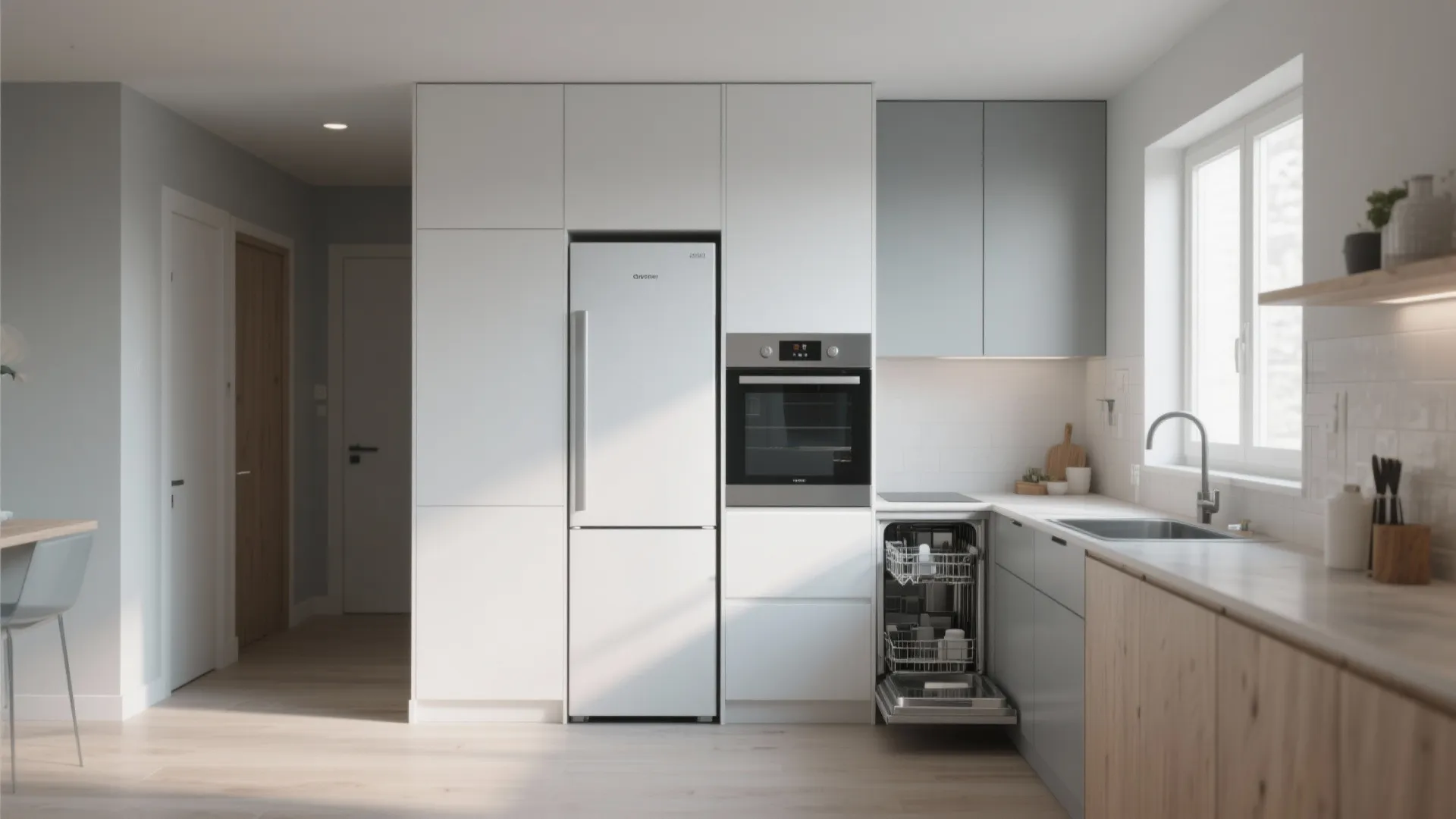 Seamless small kitchen with built-in integrated appliances