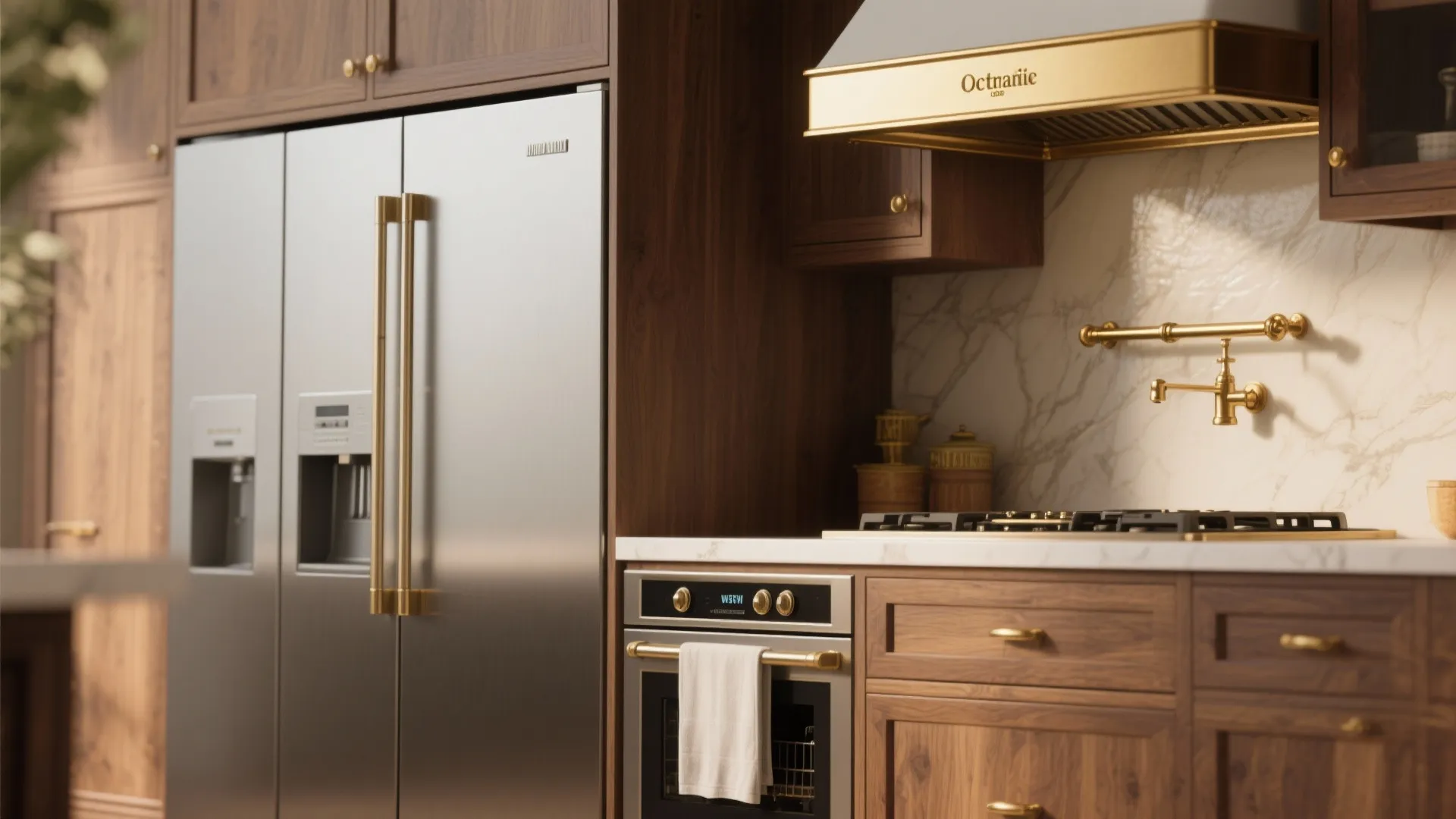 Close-up of panel-ready appliances, brass hood and matching brass hardware in a kitchen.