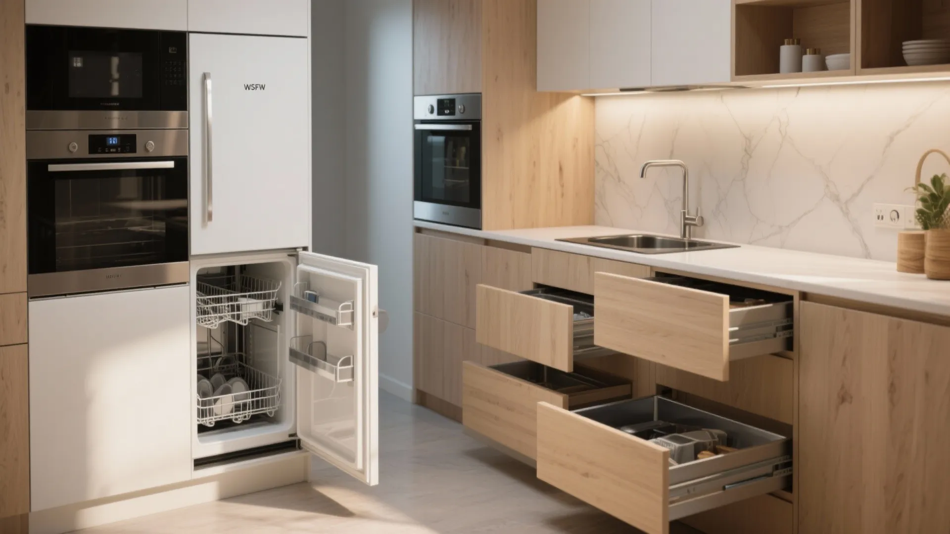 Modern kitchen featuring built-in oven fridge open dishwasher and several wooden drawers for smart storage