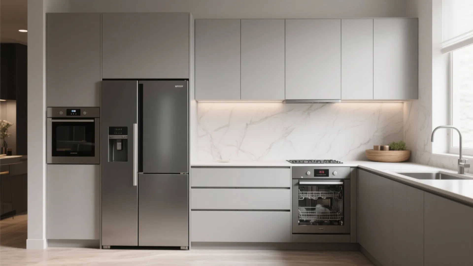 Kitchen with integrated appliance panels creating uninterrupted cabinet lines
