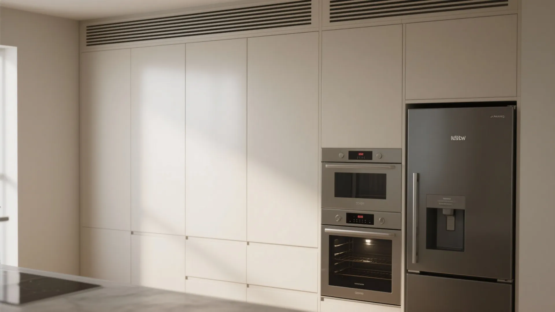 Modern white kitchen cabinet system with built in microwave oven and silver refrigerator with dispenser