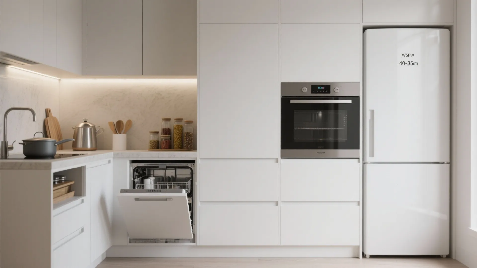 Small kitchen with panel-ready slim appliances and organized drawer storage for a seamless look.