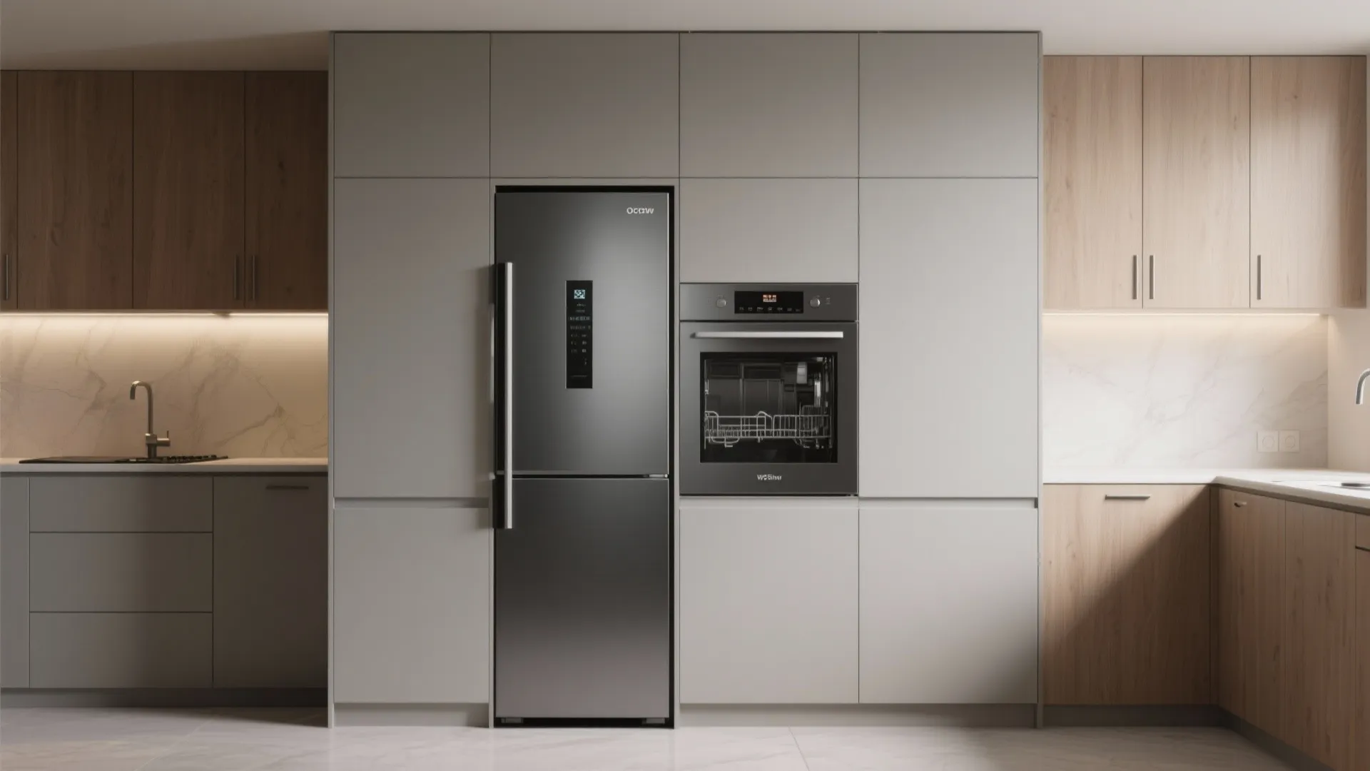 Kitchen with integrated fridge and dishwasher creating a seamless cabinet-like facade.
