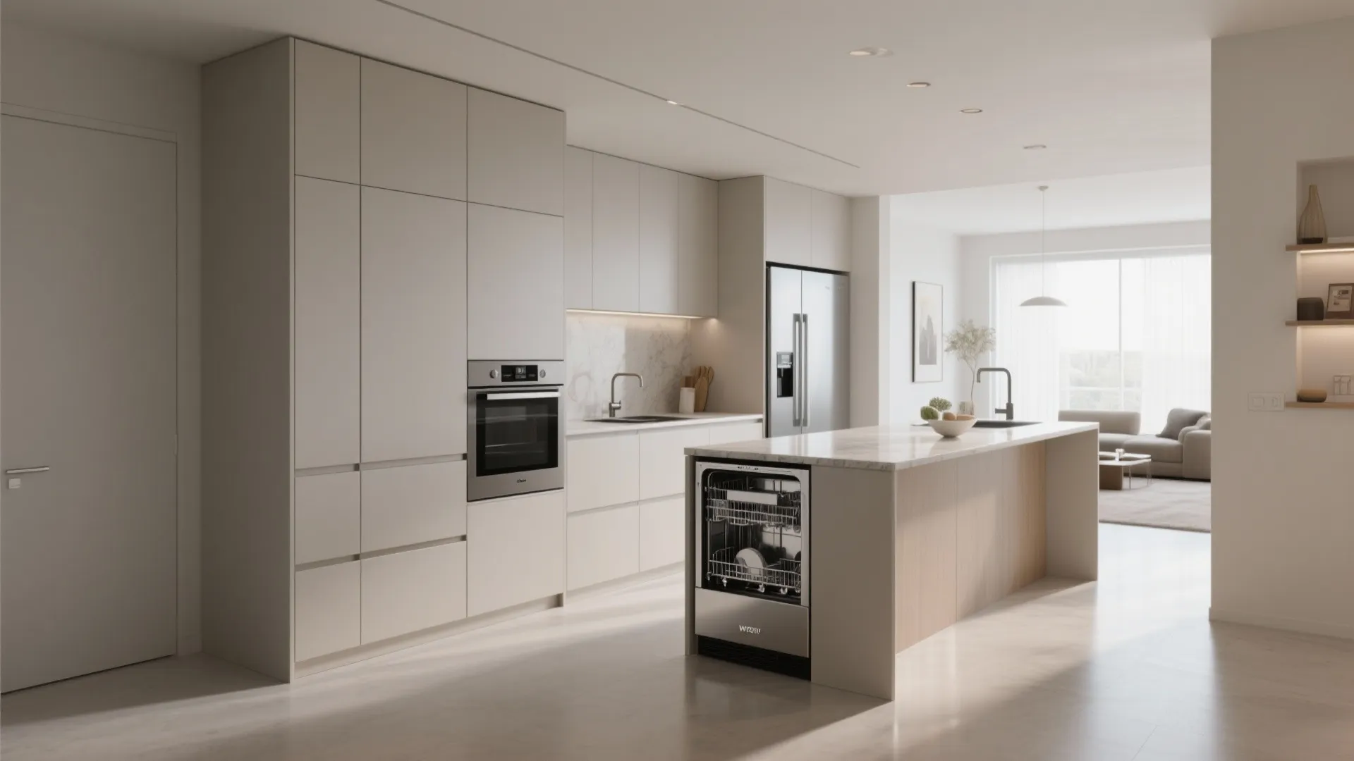 Minimalist cream kitchen featuring integrated dishwasher island unit and tall storage cabinets with natural sunlight