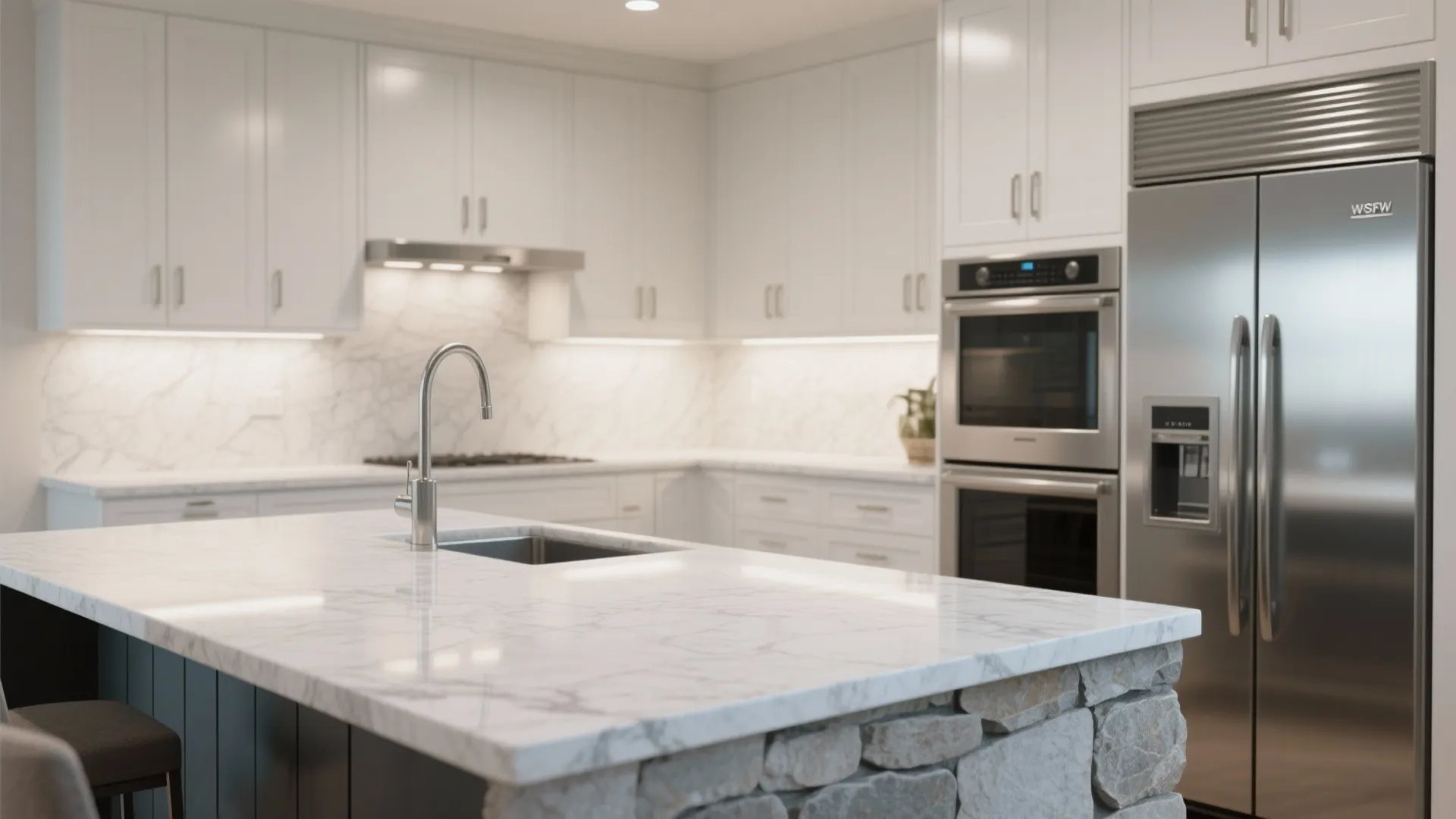 White granite countertop precisely aligned with integrated stainless-steel appliances and concealed handles.