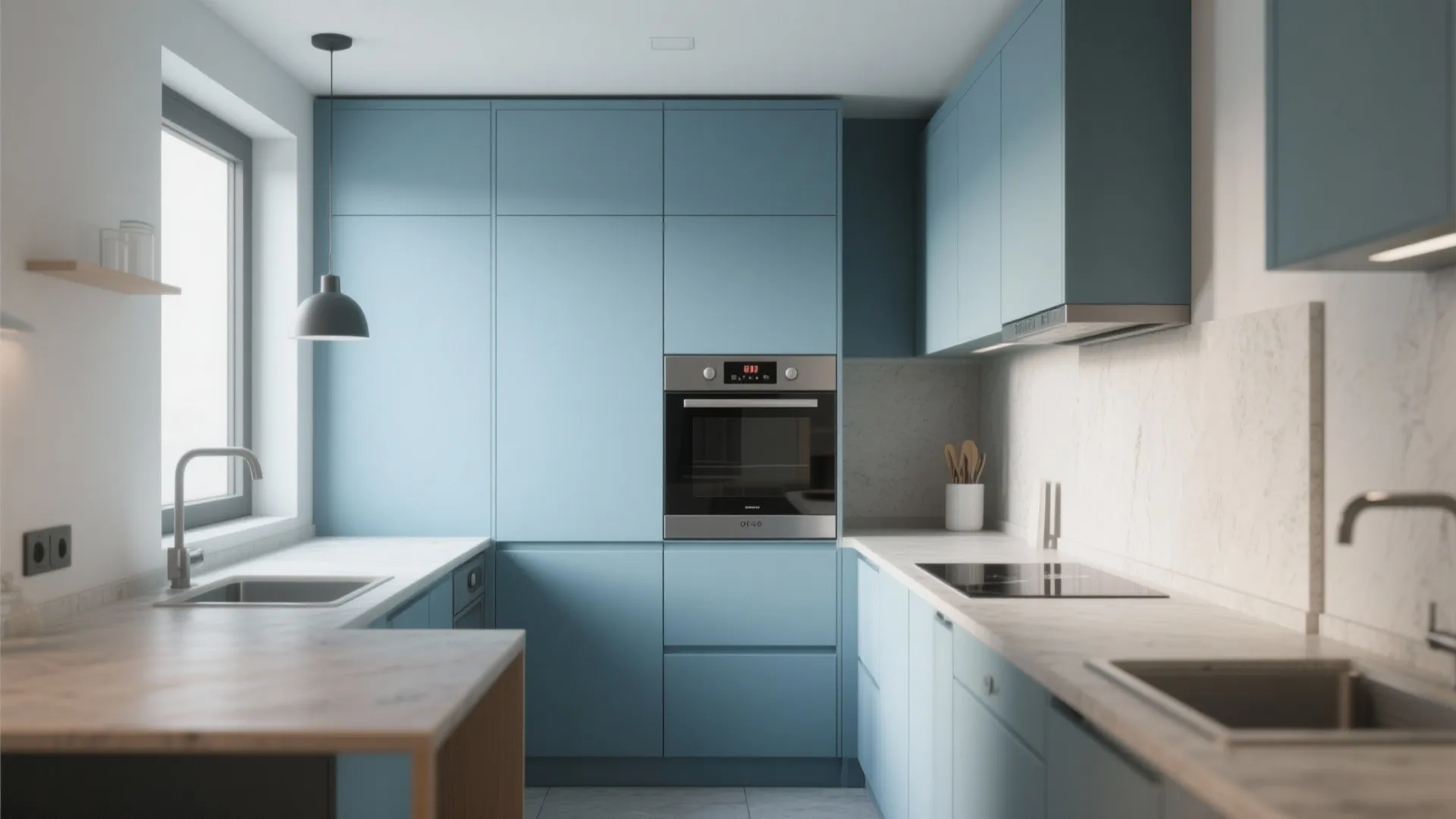 Modern blue kitchen cabinets with built in oven marble countertops white walls and grey pendant light