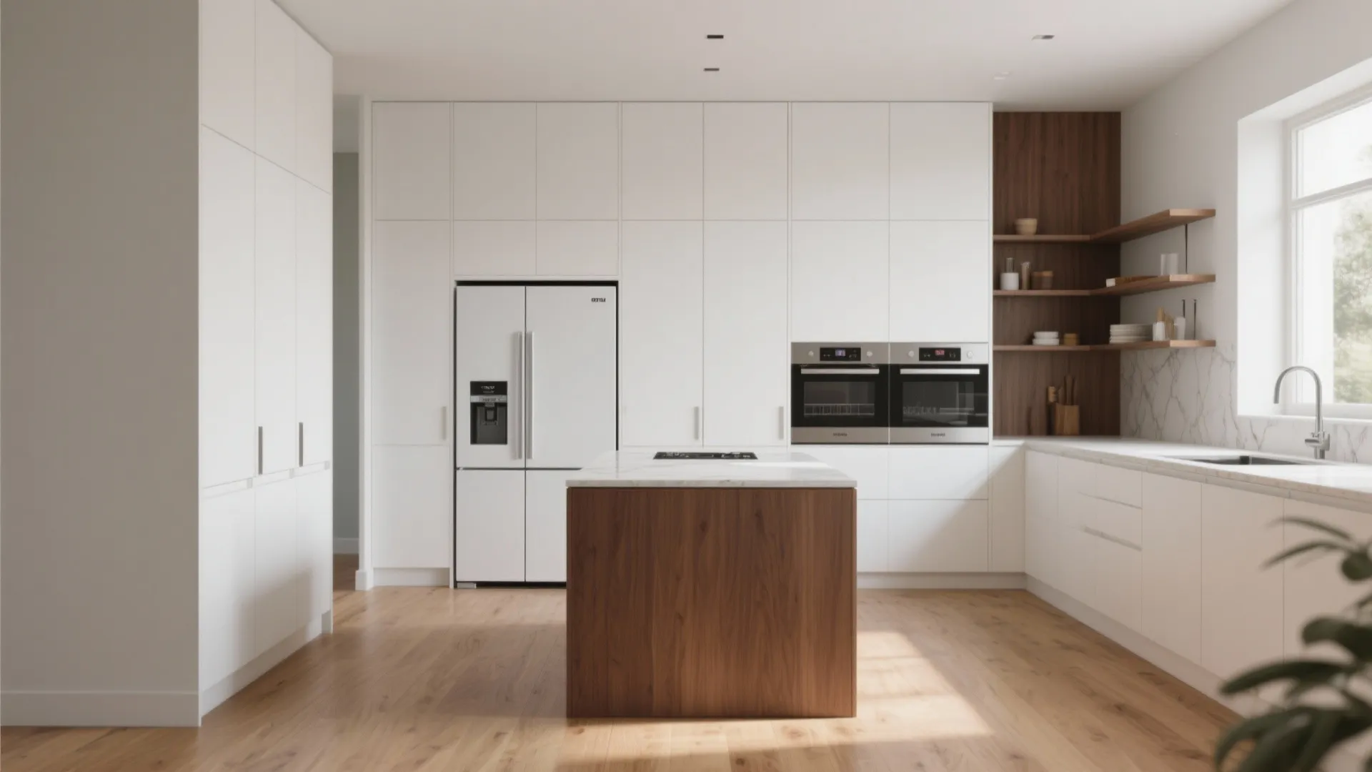 White kitchen with integrated appliances and clean uninterrupted cabinetry