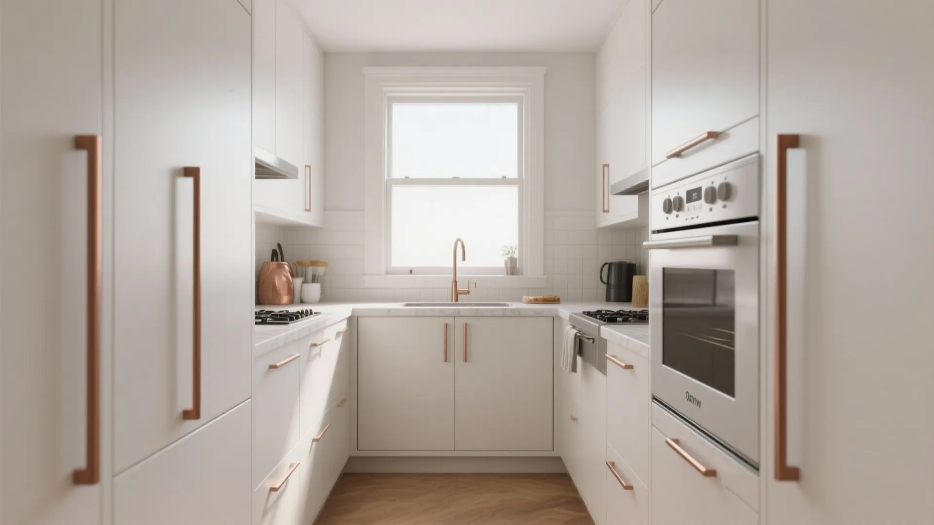 Modern white kitchen with gold handles, built-in oven, stove, sink, wood floor, and large window