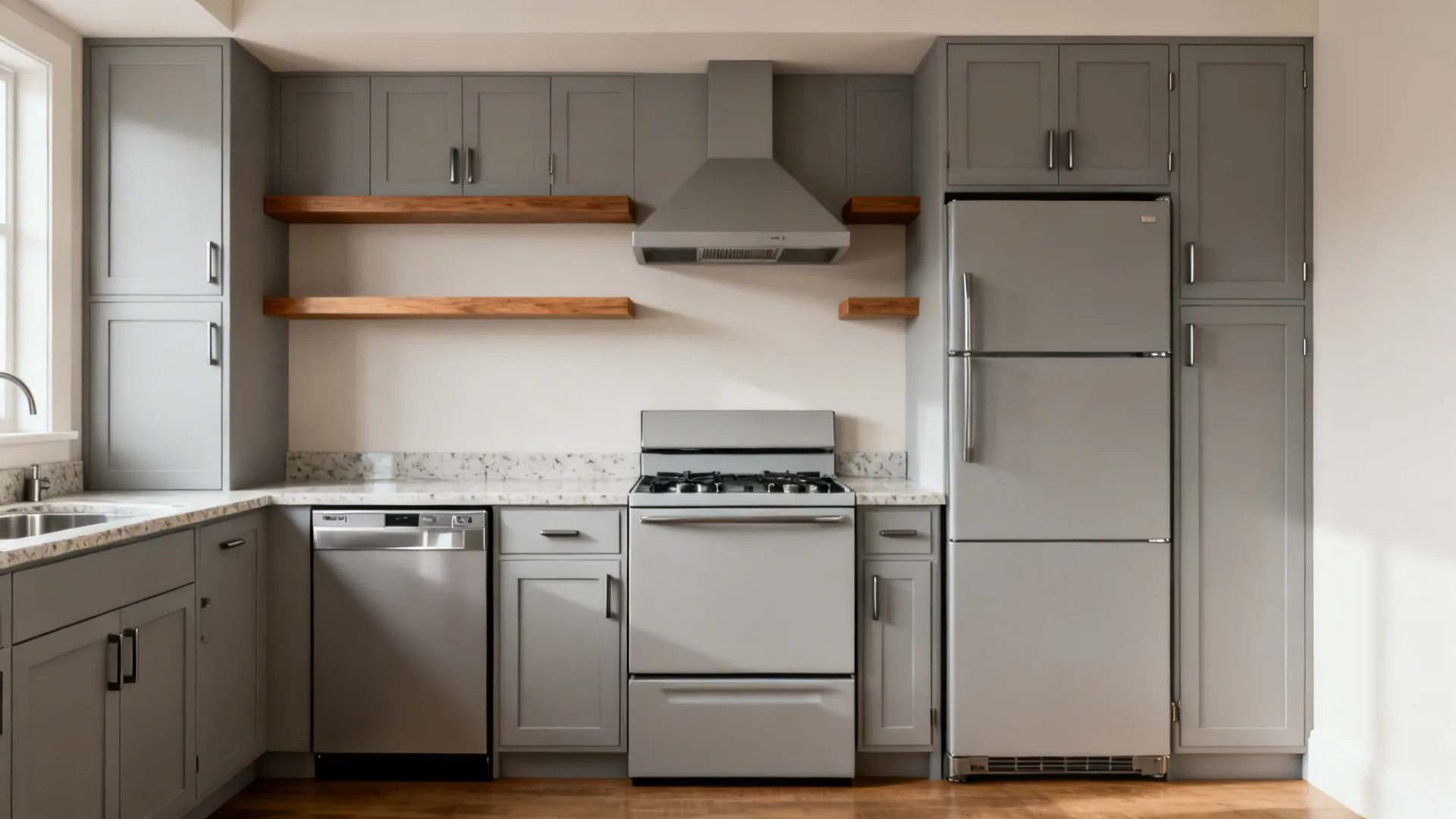 Compact kitchen with panel-ready 24-inch dishwasher and counter-depth fridge blending with matte cabinetry.