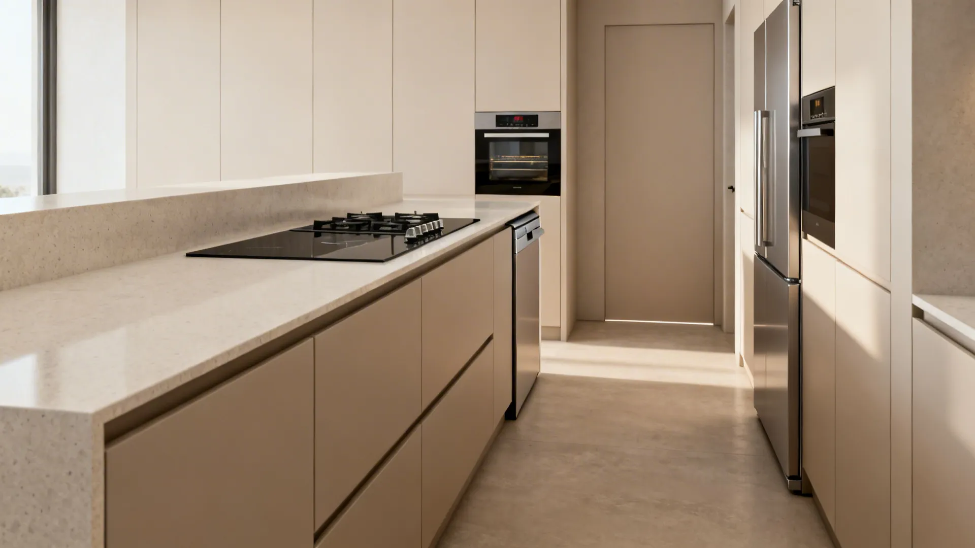Galley kitchen with flush integrated appliances and compact sizes for clean lines.