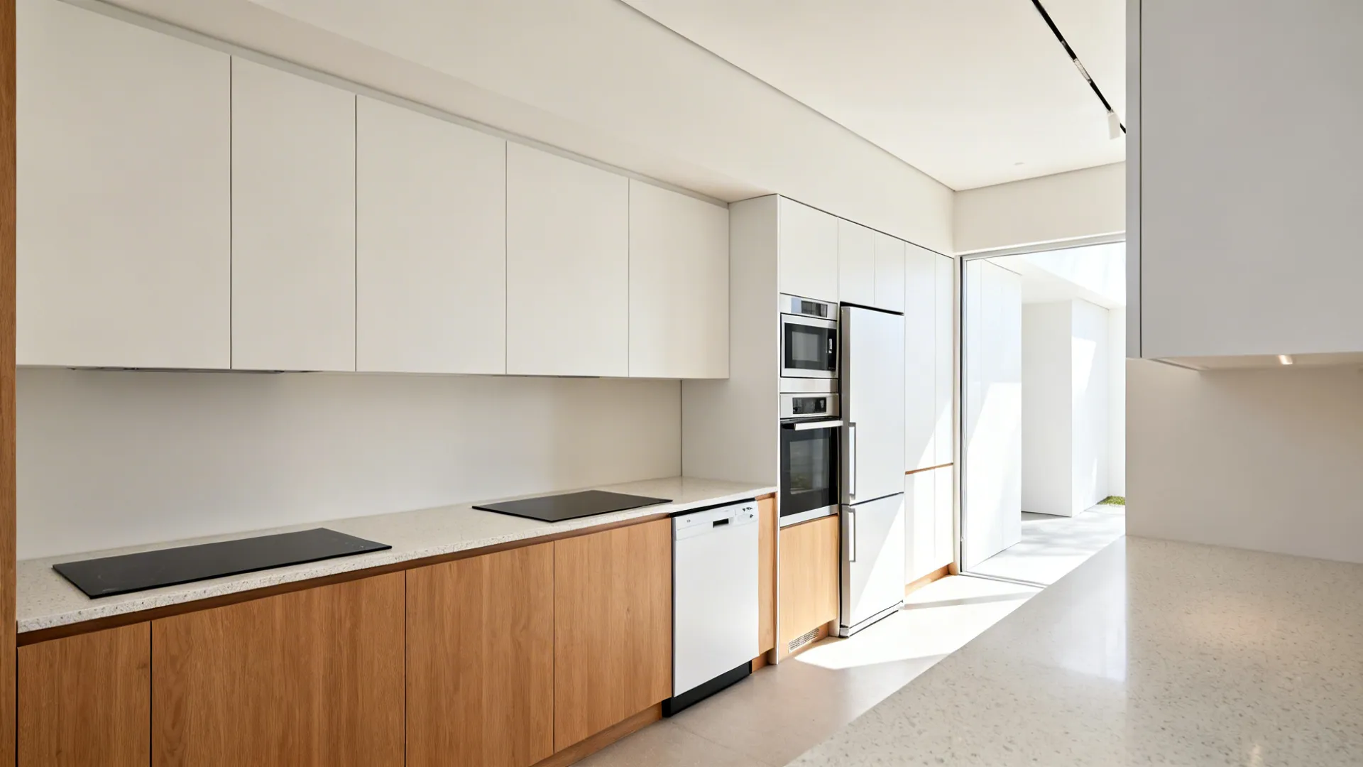 Modern kitchen featuring white upper cabinets wood lower cabinets built in oven and white refrigerator