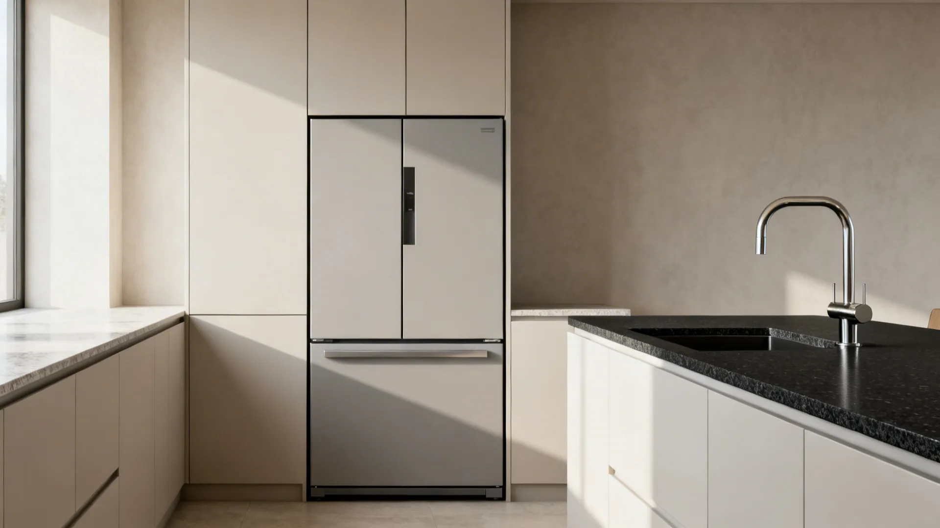 Appliance integration with a restrained stone palette