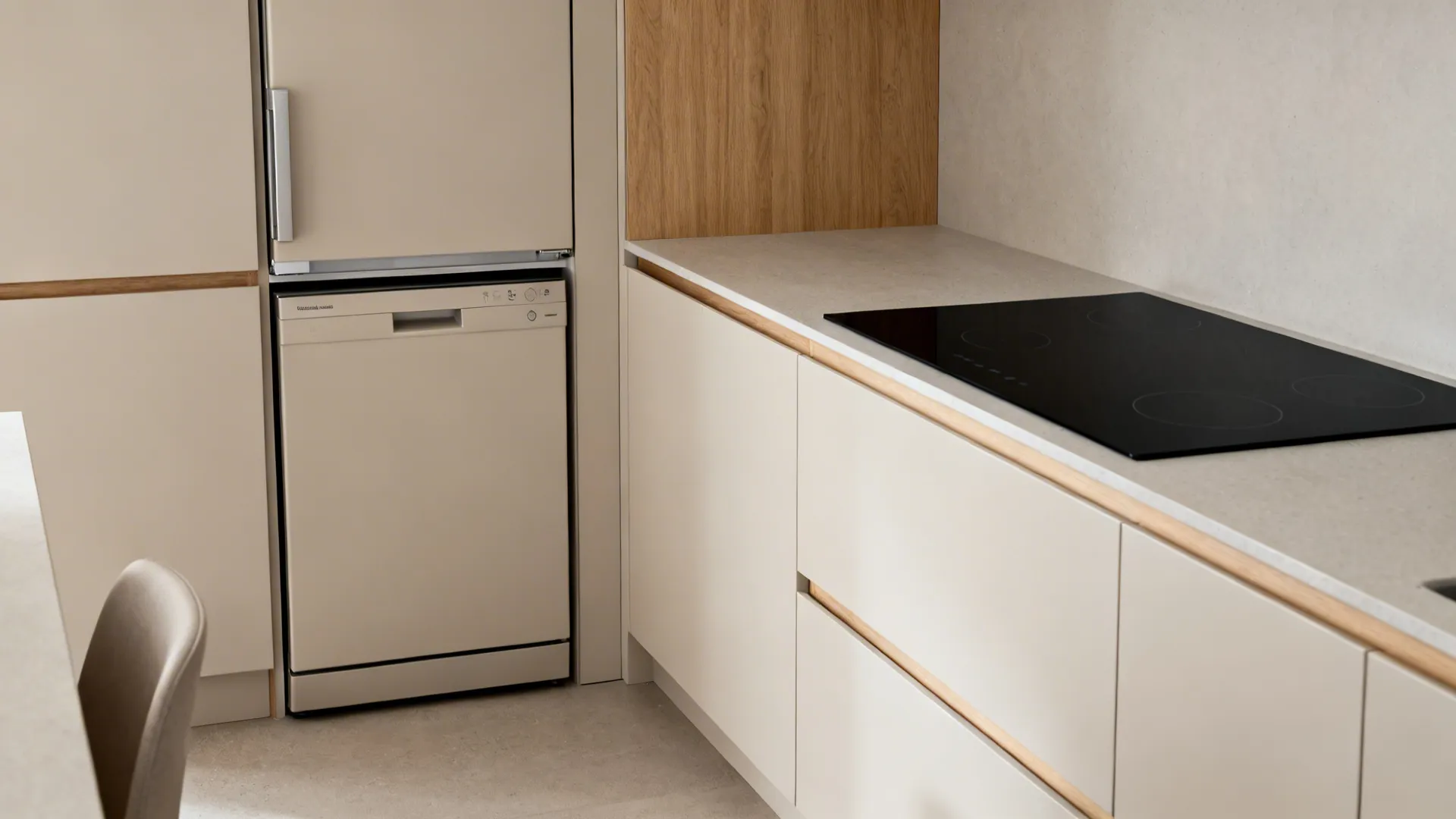 Compact kitchen with paneled dishwasher and fridge and a flush induction cooktop.