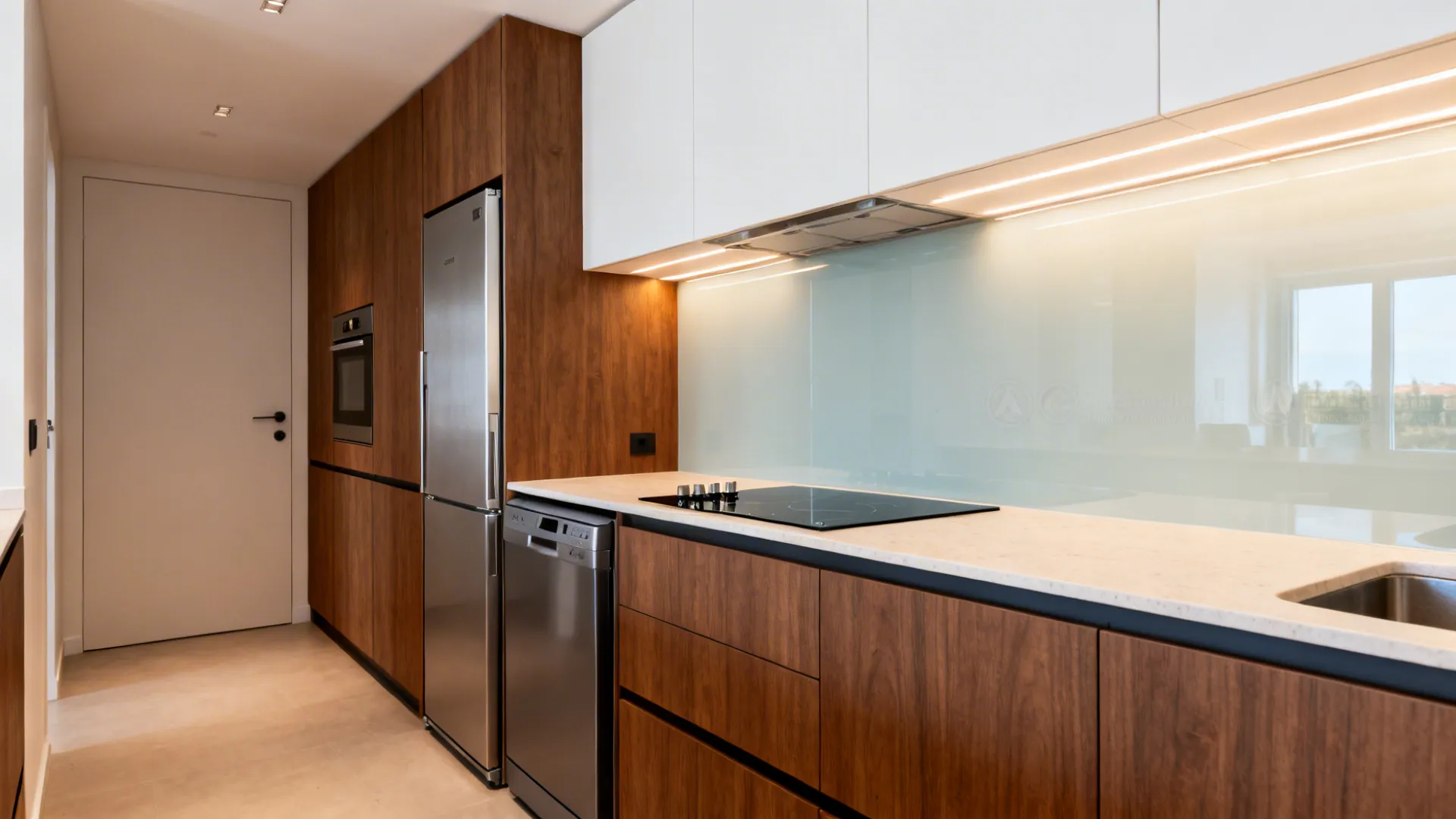 Modern kitchen featuring wooden cabinets stainless steel fridge dishwasher oven white upper cabinets and clean countertops