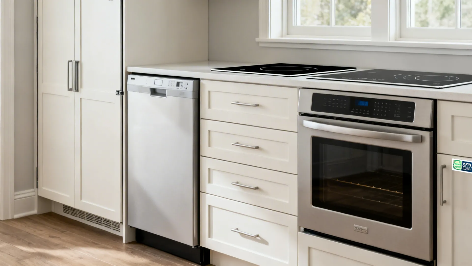 Panel-ready counter-depth fridge, 24-inch dishwasher, and induction cooktop in an 8x10 kitchen.