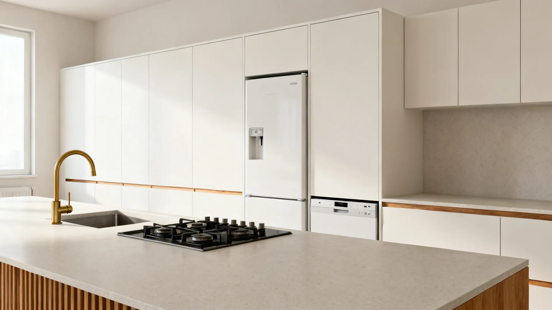 Studio kitchen with panel-ready compact fridge and integrated dishwasher in a cohesive cabinet run.