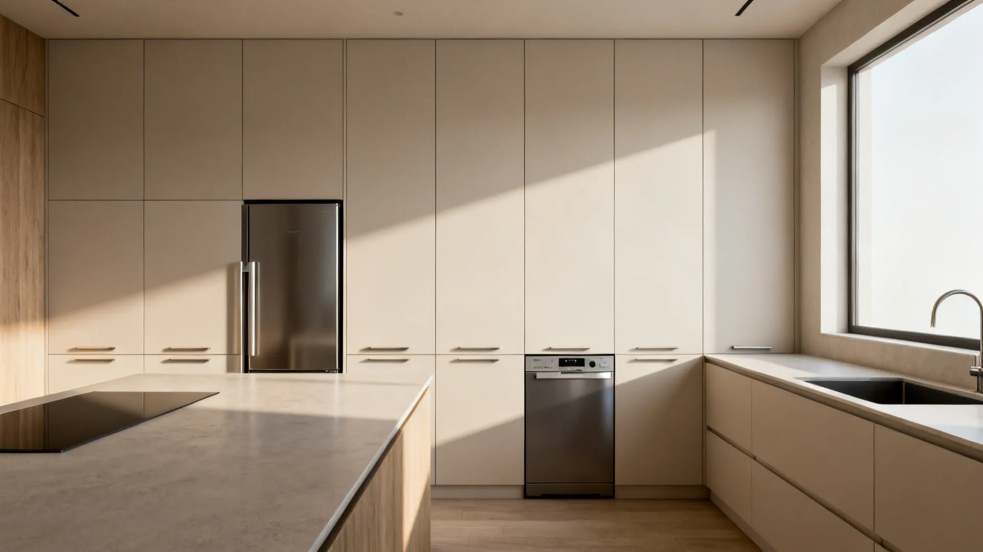 Minimalist L-shaped kitchen with integrated fridge and dishwasher behind matching cabinet panels.