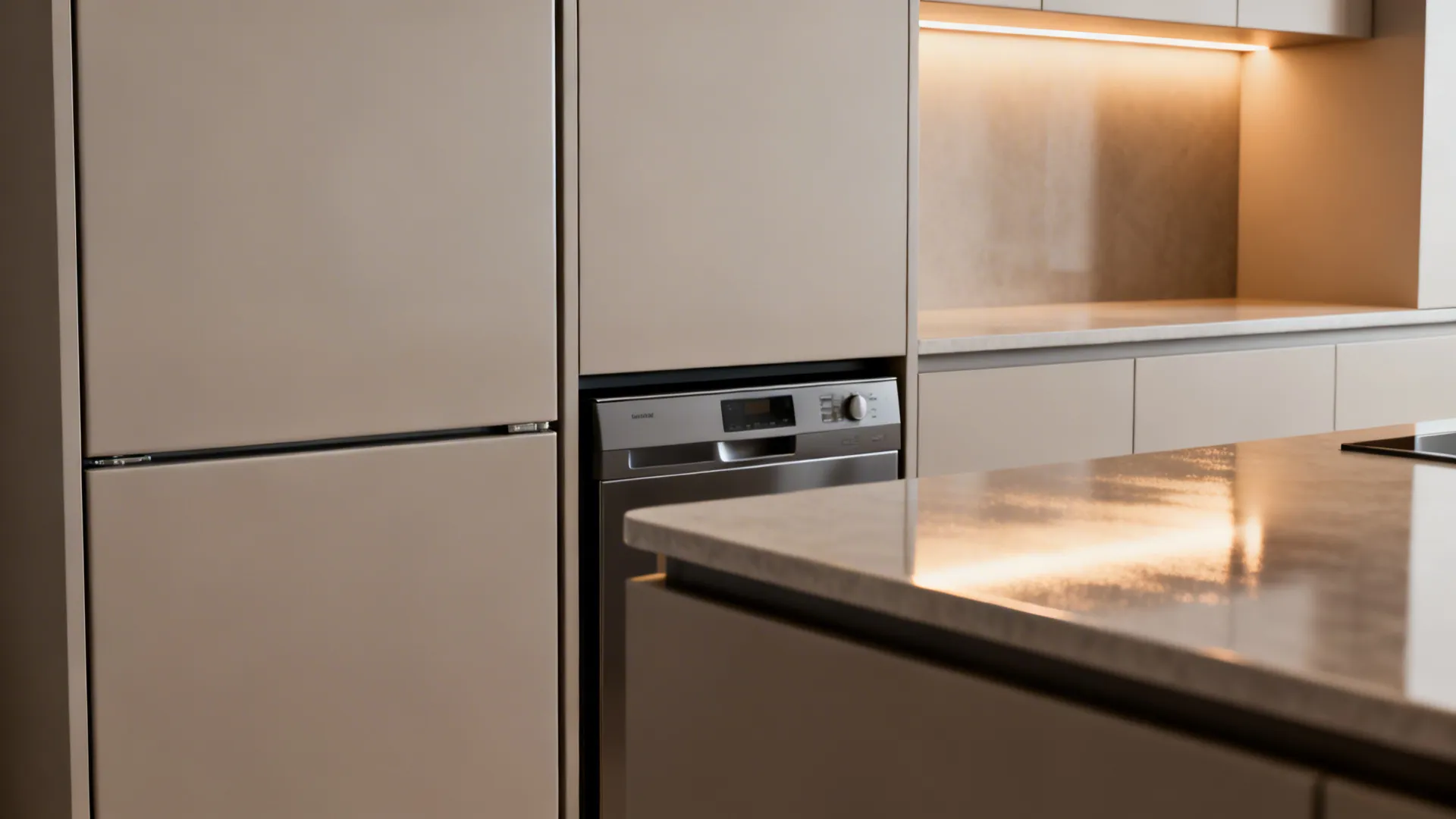 Close-up of panel-ready slimline fridge integrated into seamless cabinetry with under-cabinet lighting
