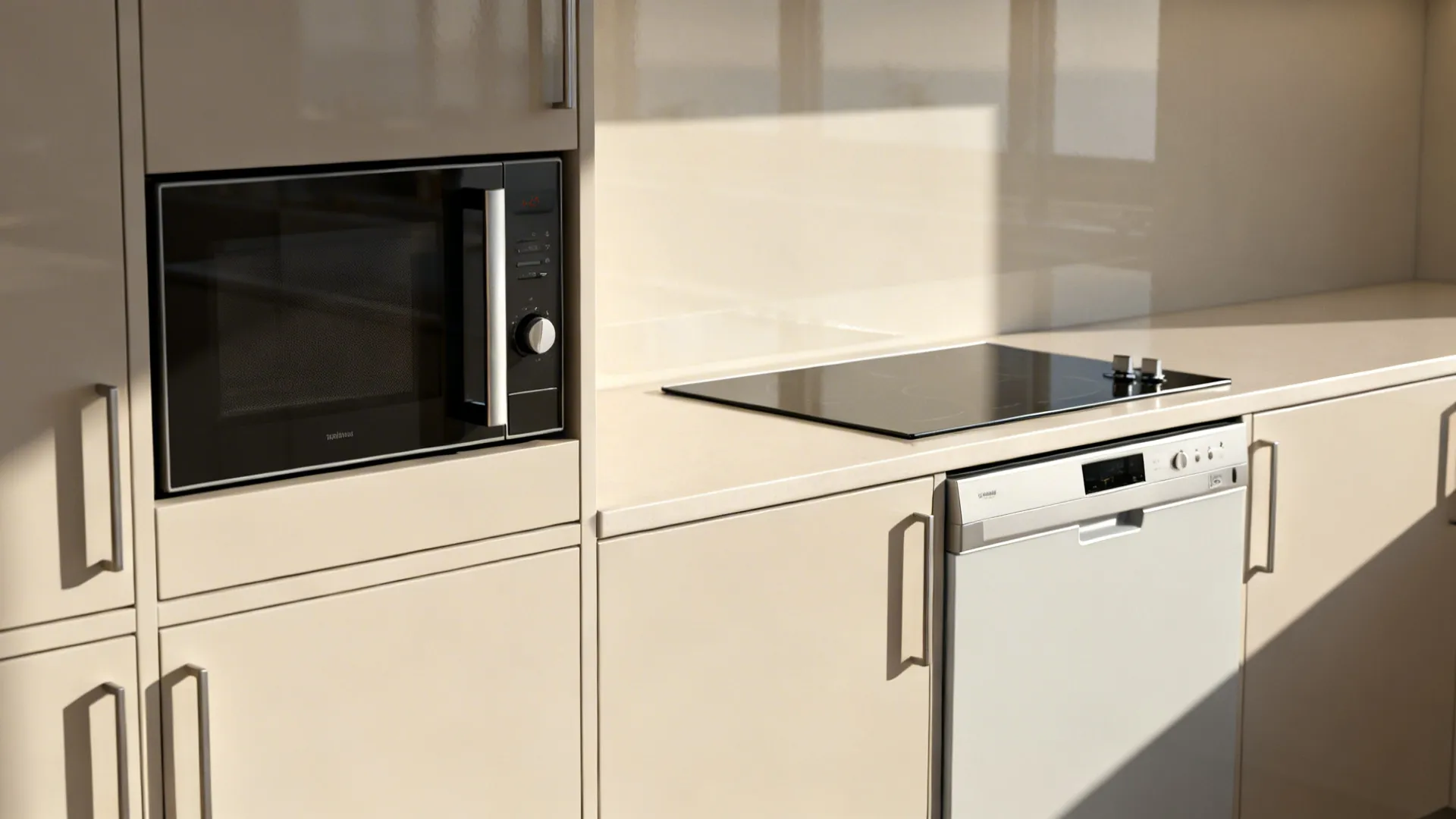 Integrated microwave, slim induction hob and compact dishwasher panels in seamless cabinetry.