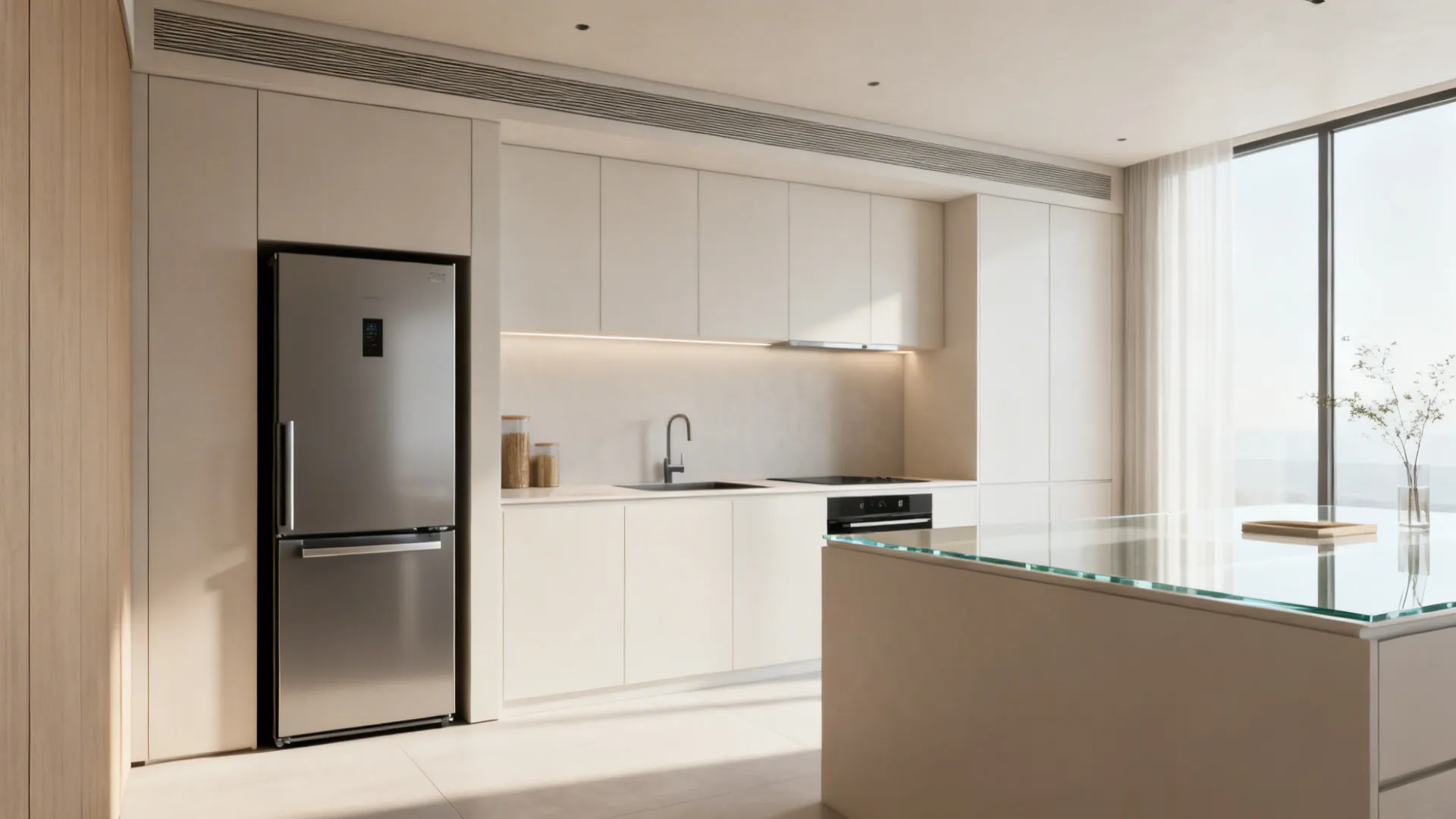 Small kitchen with slimline integrated refrigerator and dishwasher and a clean countertop