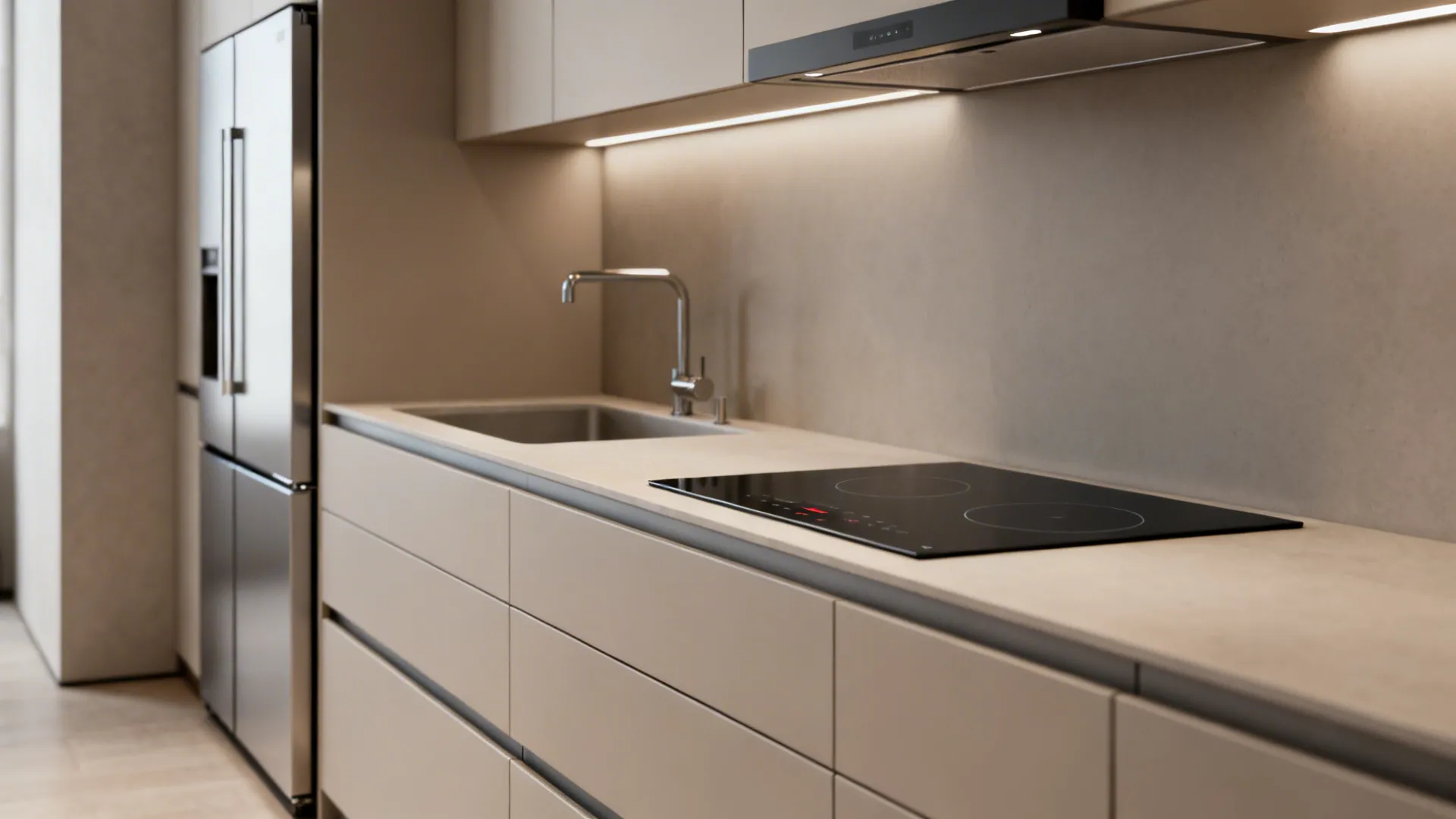 Slimline integrated fridge drawers and low-profile hood creating seamless sightlines in a small kitchen