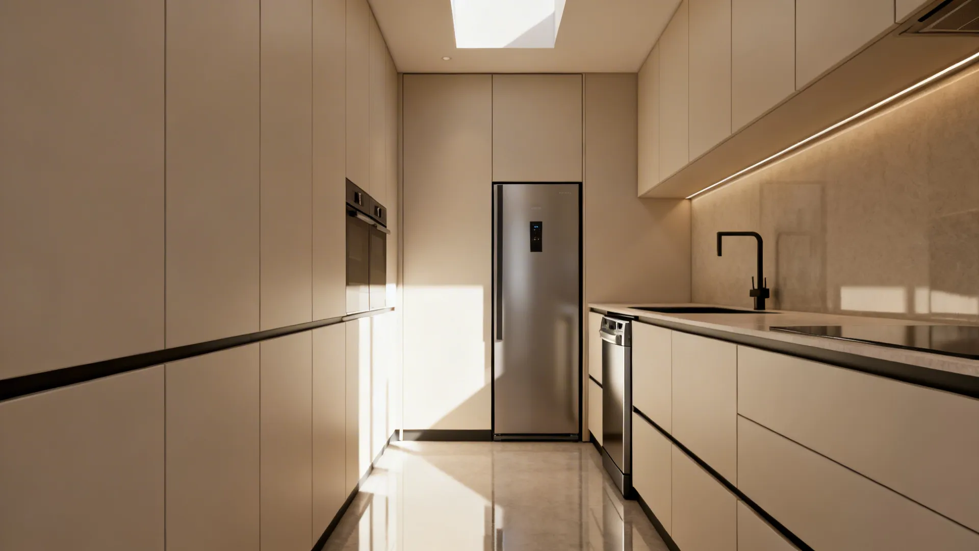Narrow kitchen with integrated appliances hidden behind matching cabinet fronts for a seamless look.