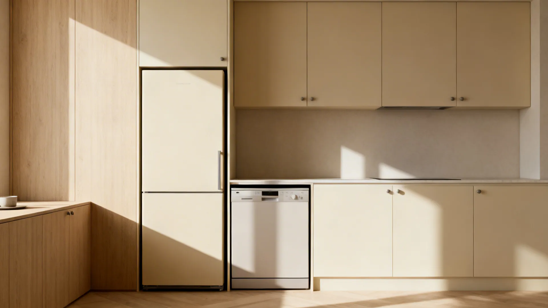Compact kitchen with slimline integrated fridge and under-counter dishwasher for clean sight lines.