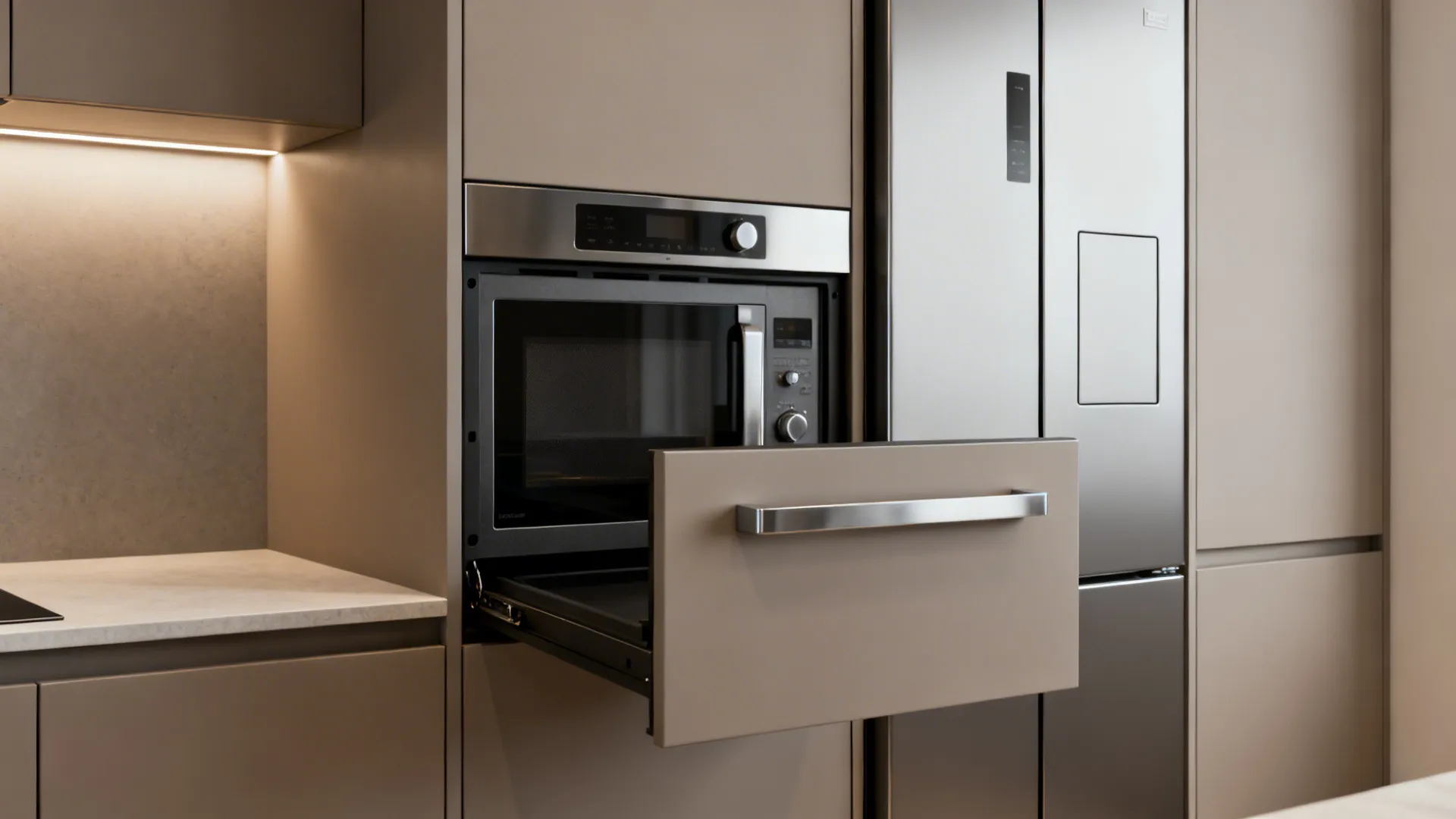 Integrated drawer microwave and flush cabinetry creating a clutter-free countertop.