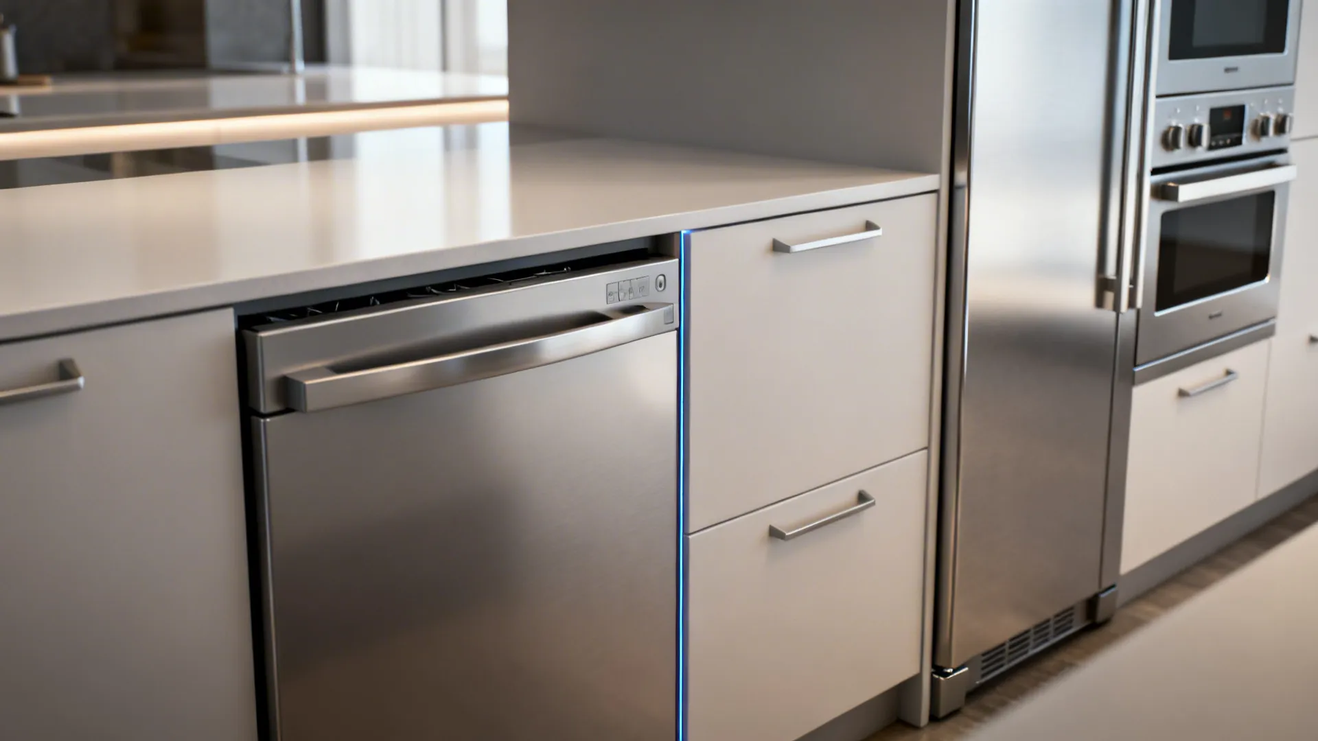 Integrated drawer dishwasher and counter-depth fridge blending with cabinetry for streamlined look