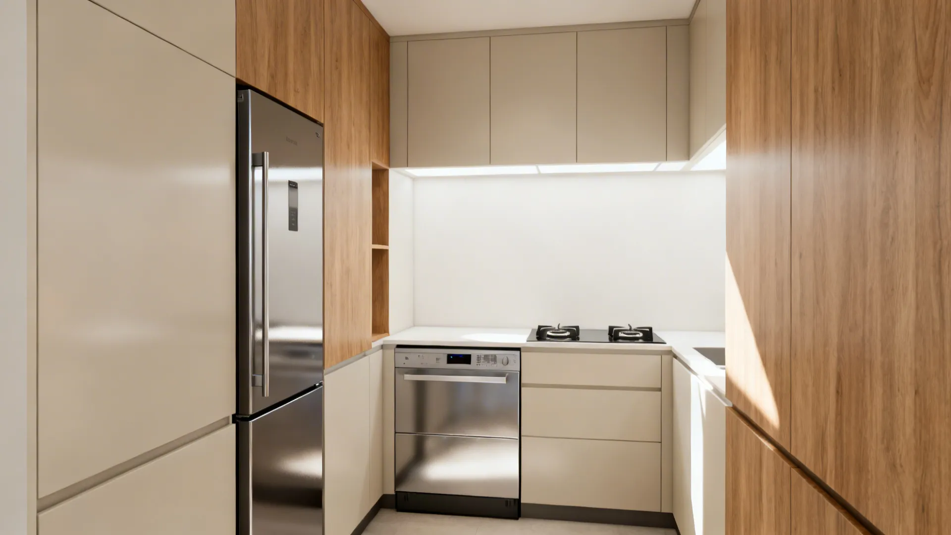 Compact integrated appliances—slim fridge, drawer dishwasher, two-burner cooktop—creating clean sight lines in a small kitchen.