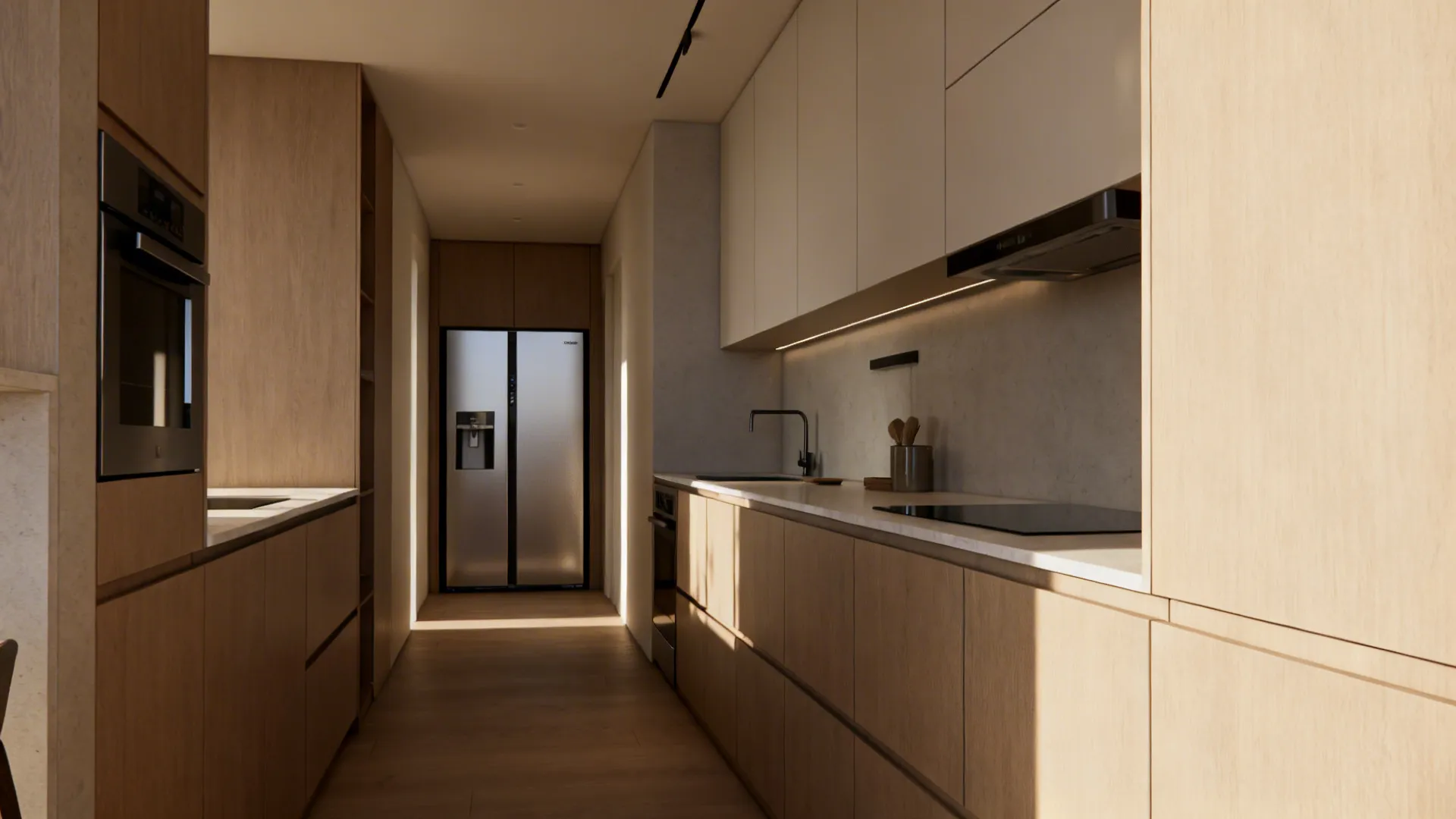 Small kitchen with integrated appliances and a slimline fridge for clean sightlines