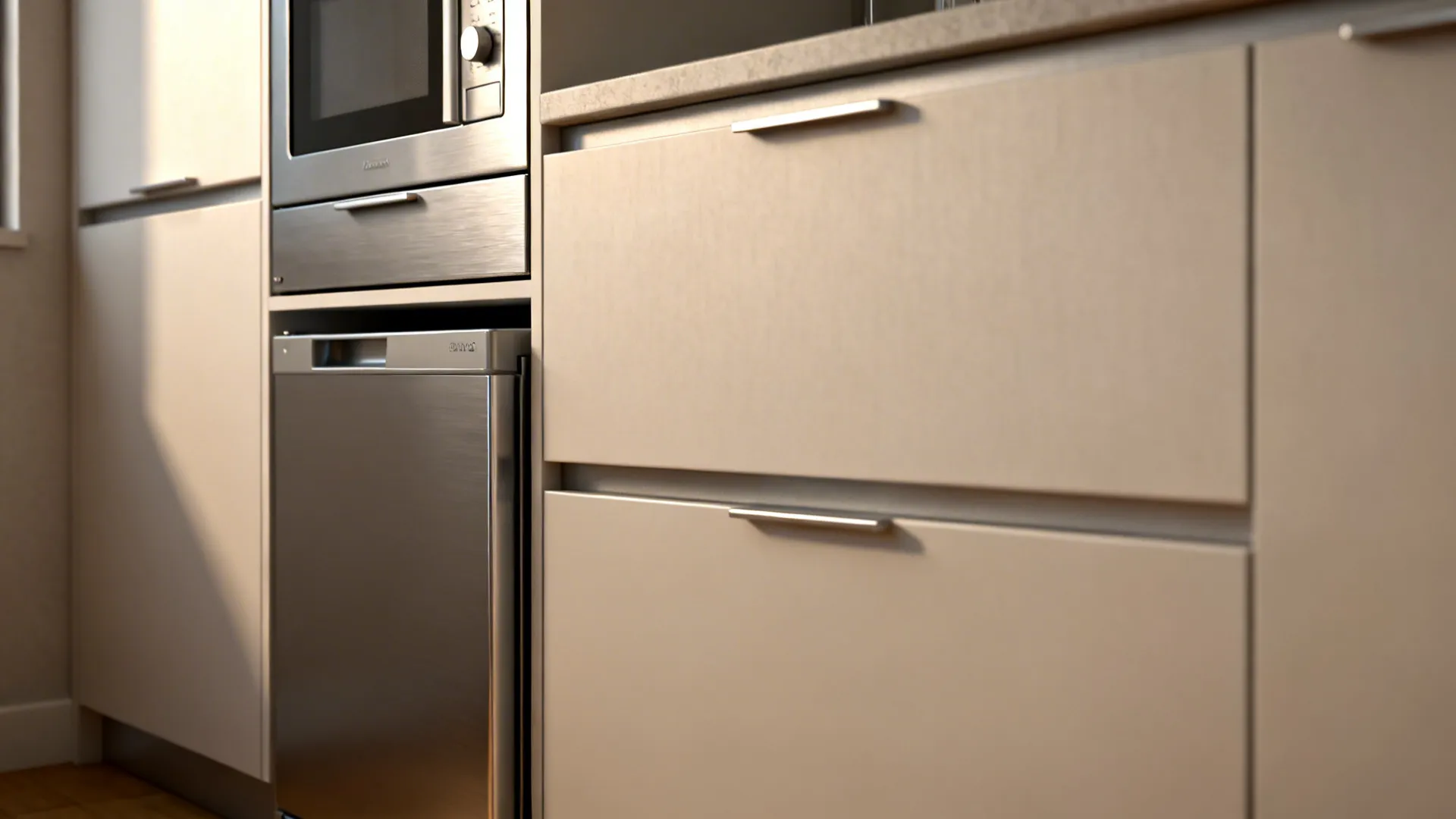 Detail of integrated compact appliances like drawer microwave and slim fridge panel in a small kitchen