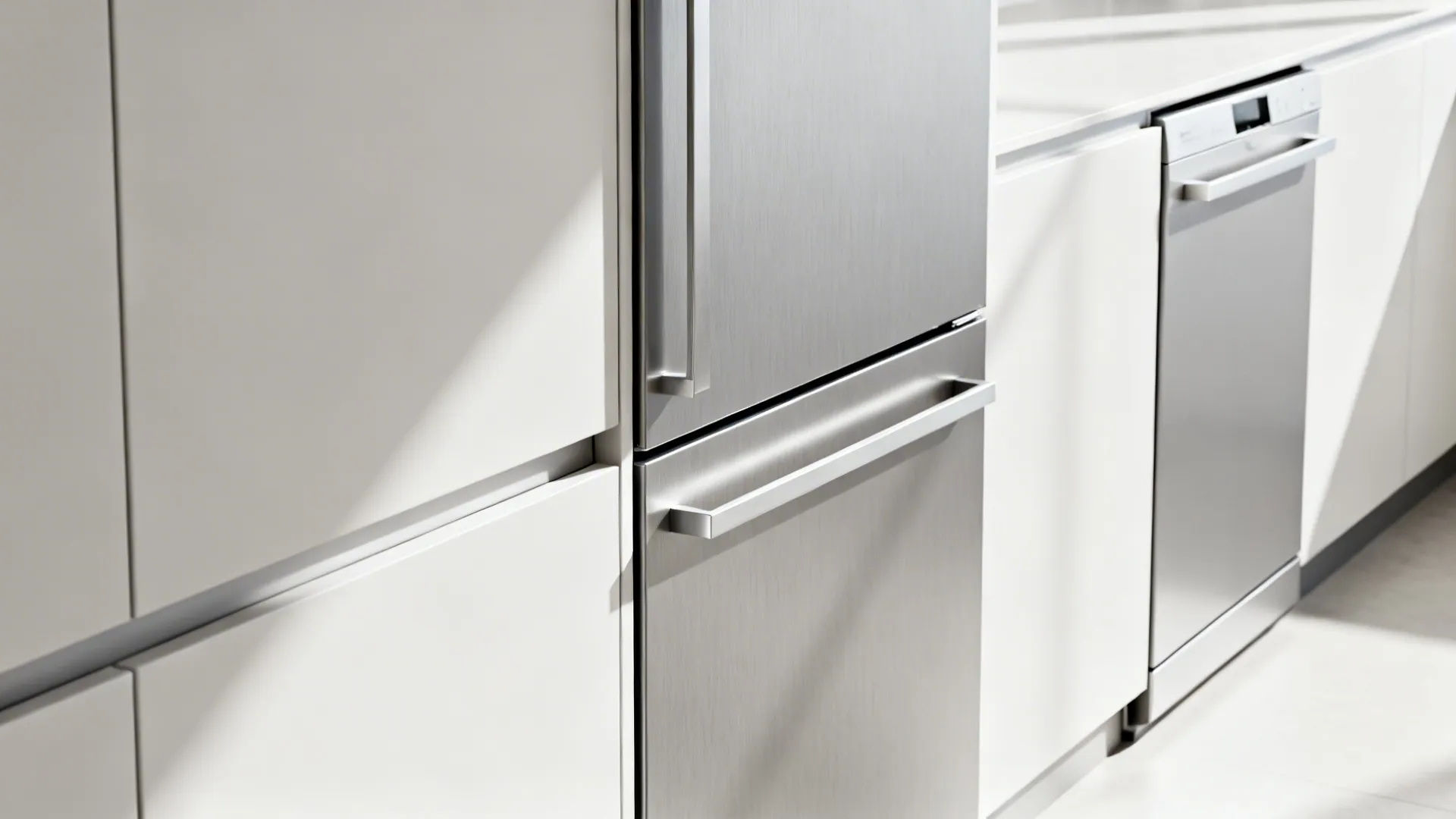 Slim integrated fridge and narrow dishwasher detail seamlessly fitted into compact kitchen cabinetry.