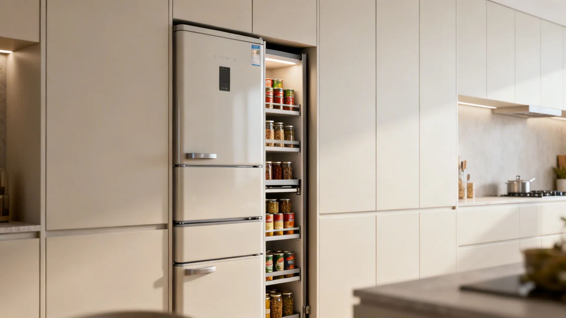 Integrated stacked appliances and a narrow pull-out pantry in a small kitchen, neatly organized