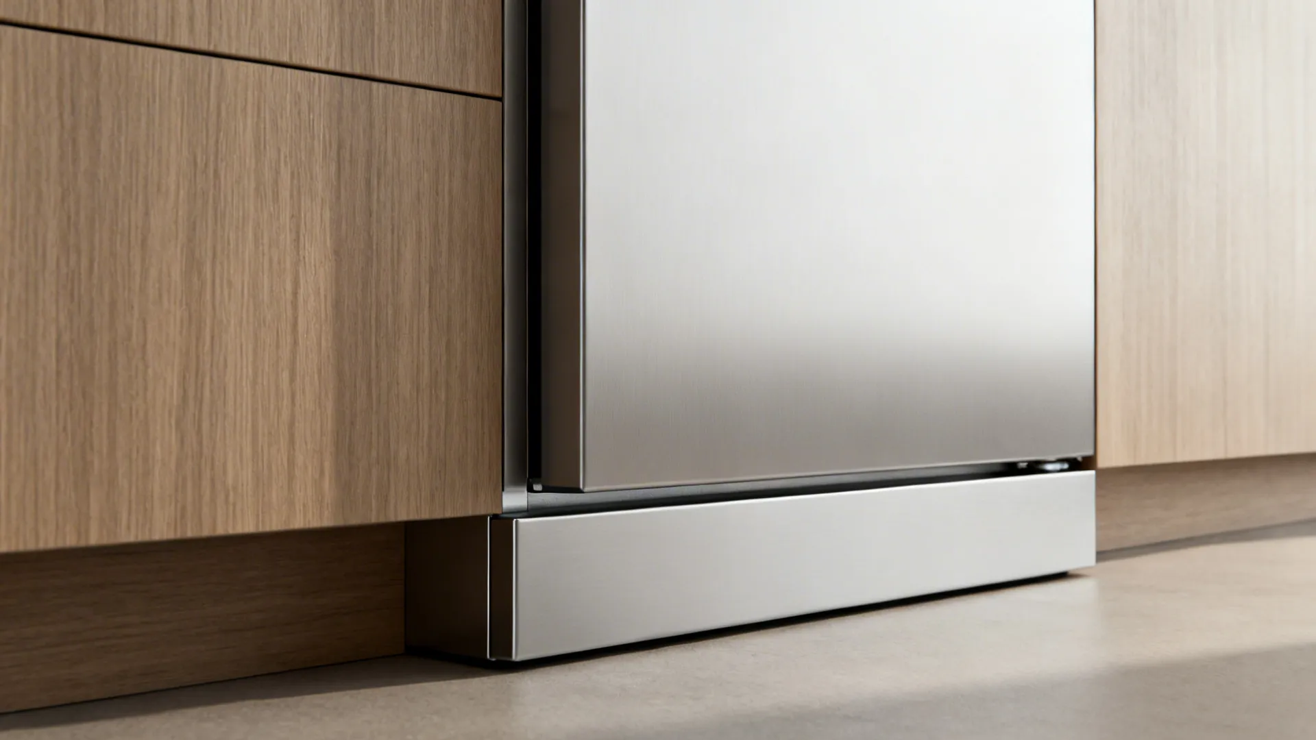 Integrated slimline fridge with flush panel in a compact kitchen installation