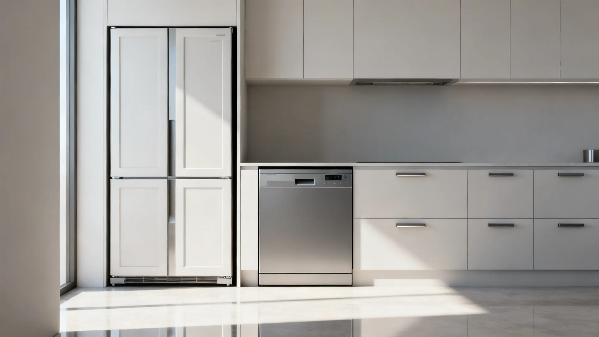 Slimline integrated fridge and appliance panels matching cabinet finish in a compact kitchen.