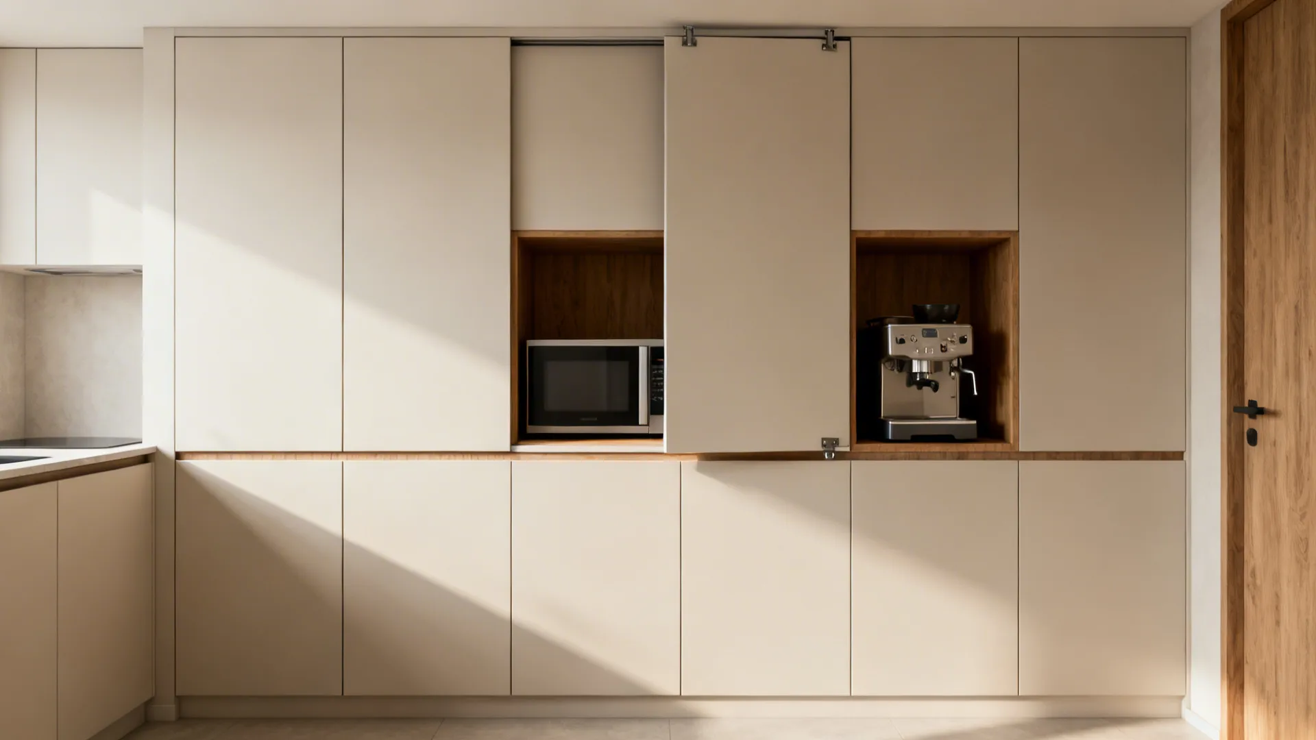 Integrated appliances hidden behind pocket doors in a unified cabinet facade of a small kitchen.
