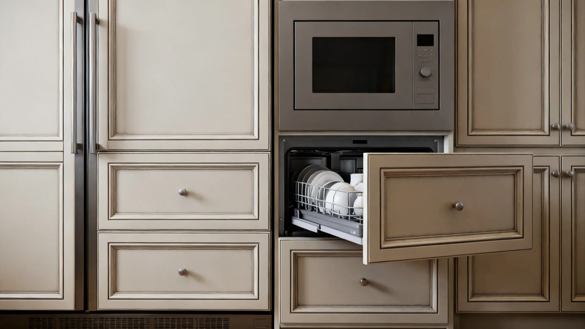 Integrated under-counter fridge drawer and flush microwave panels in a minimalist small kitchen.