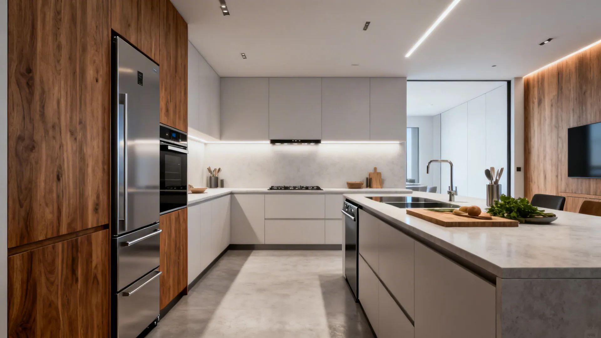 Slimline kitchen with integrated fridge, drawer dishwasher and flush oven for tight circulation